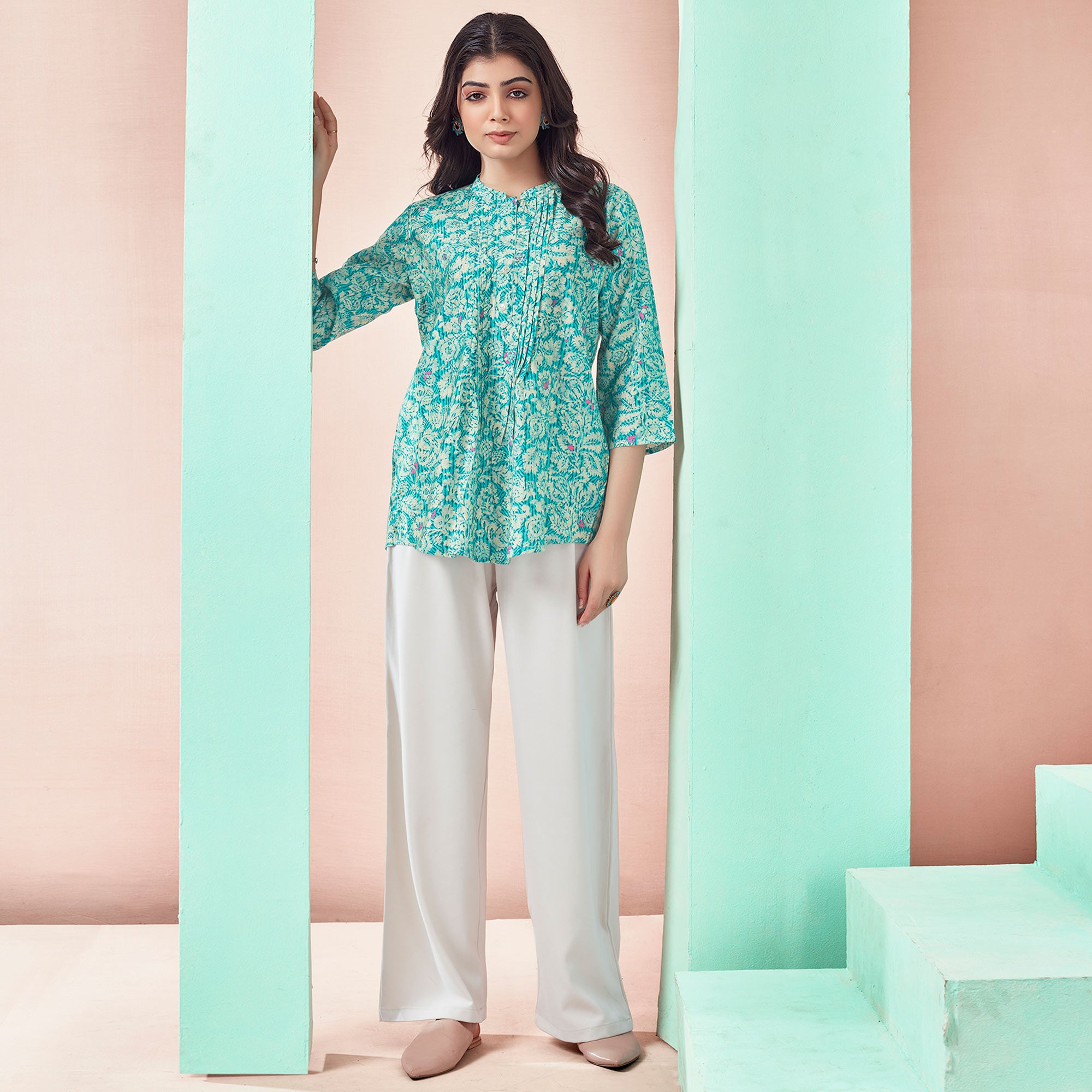 Turquoise Floral Chanderi Silk Straight Top