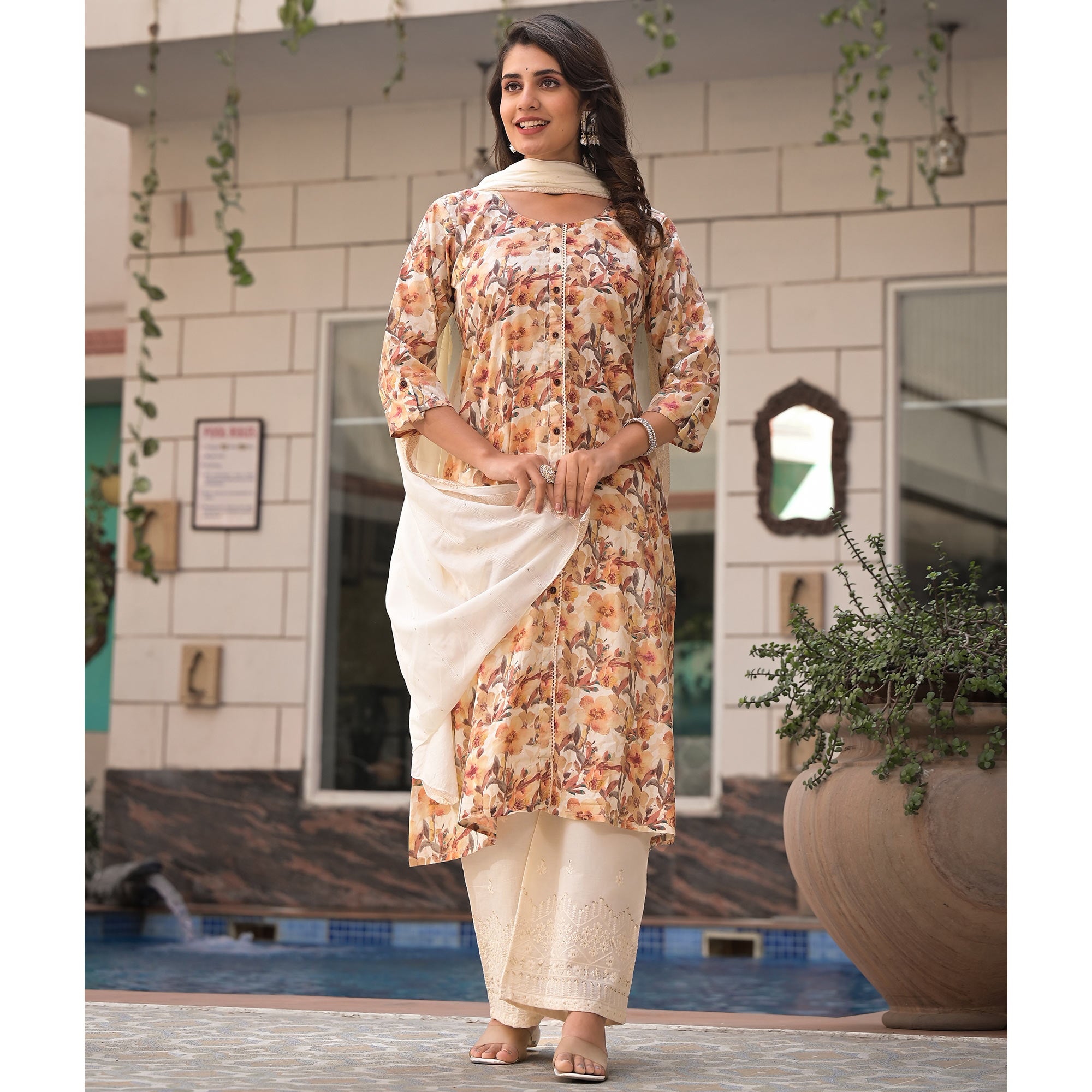 Off White Floral Printed Pure Cotton A-Line Plazzo Suit