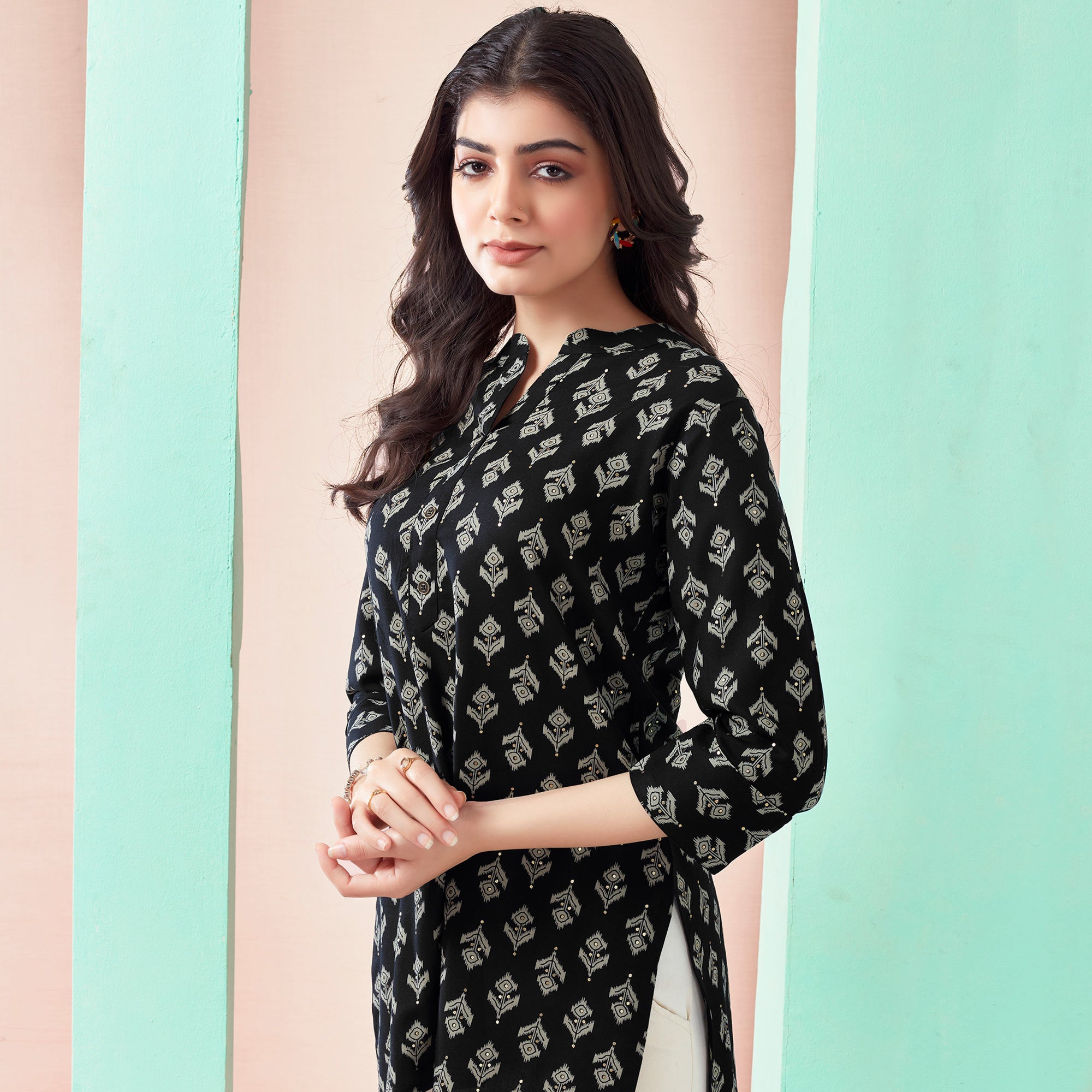 Black Floral Printed Rayon Straight Top