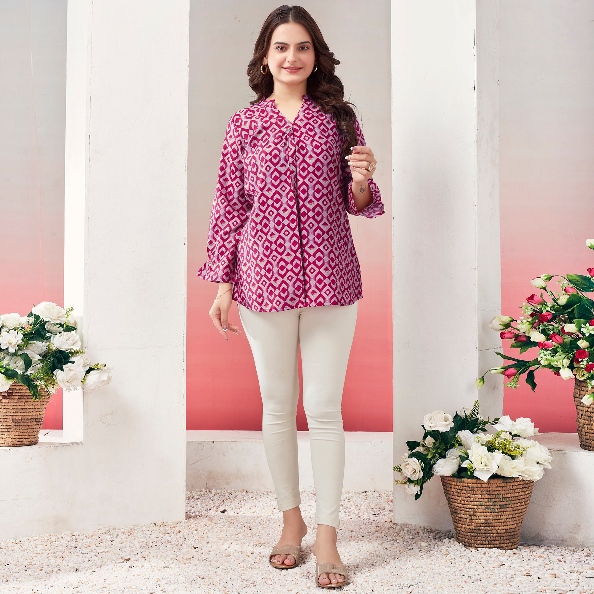 Pink Blue Printed Chanderi Silk Straight Top