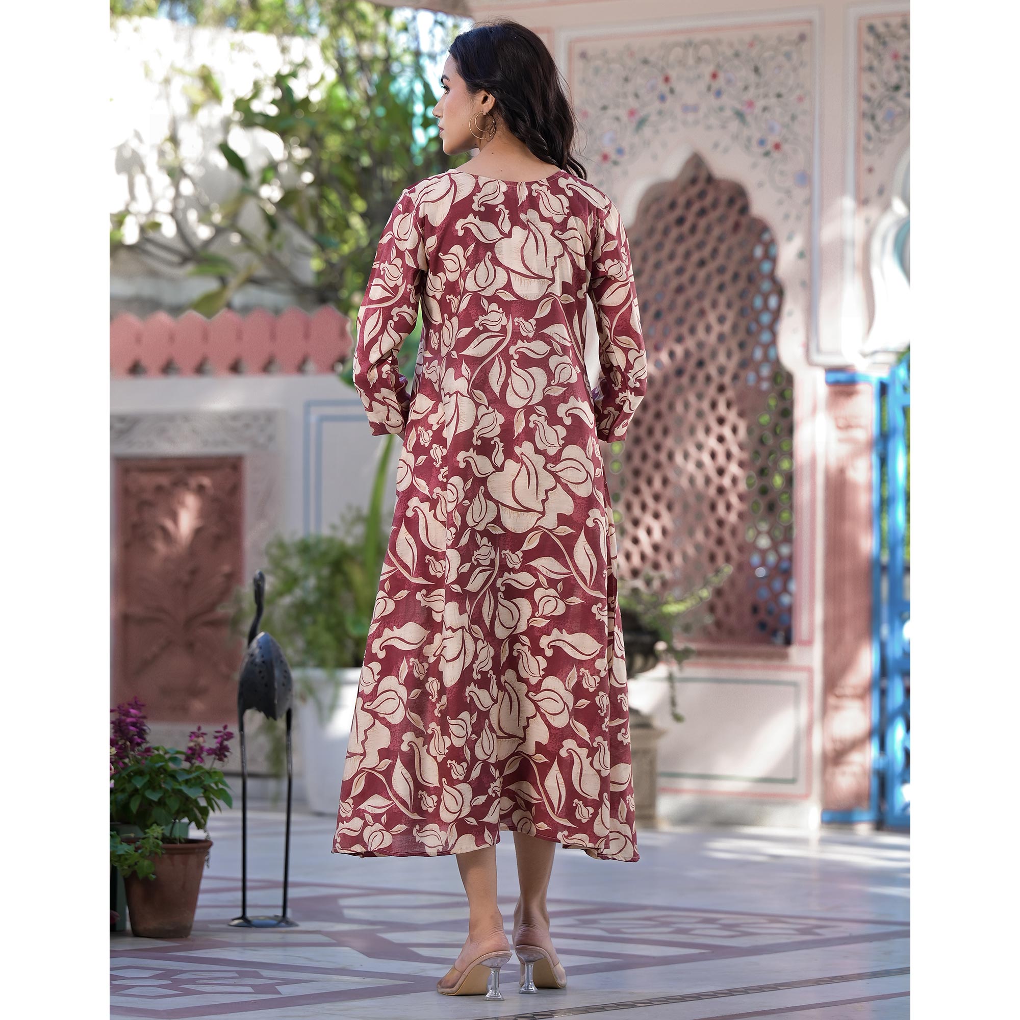 Maroon Floral Printed Chanderi Silk Dress