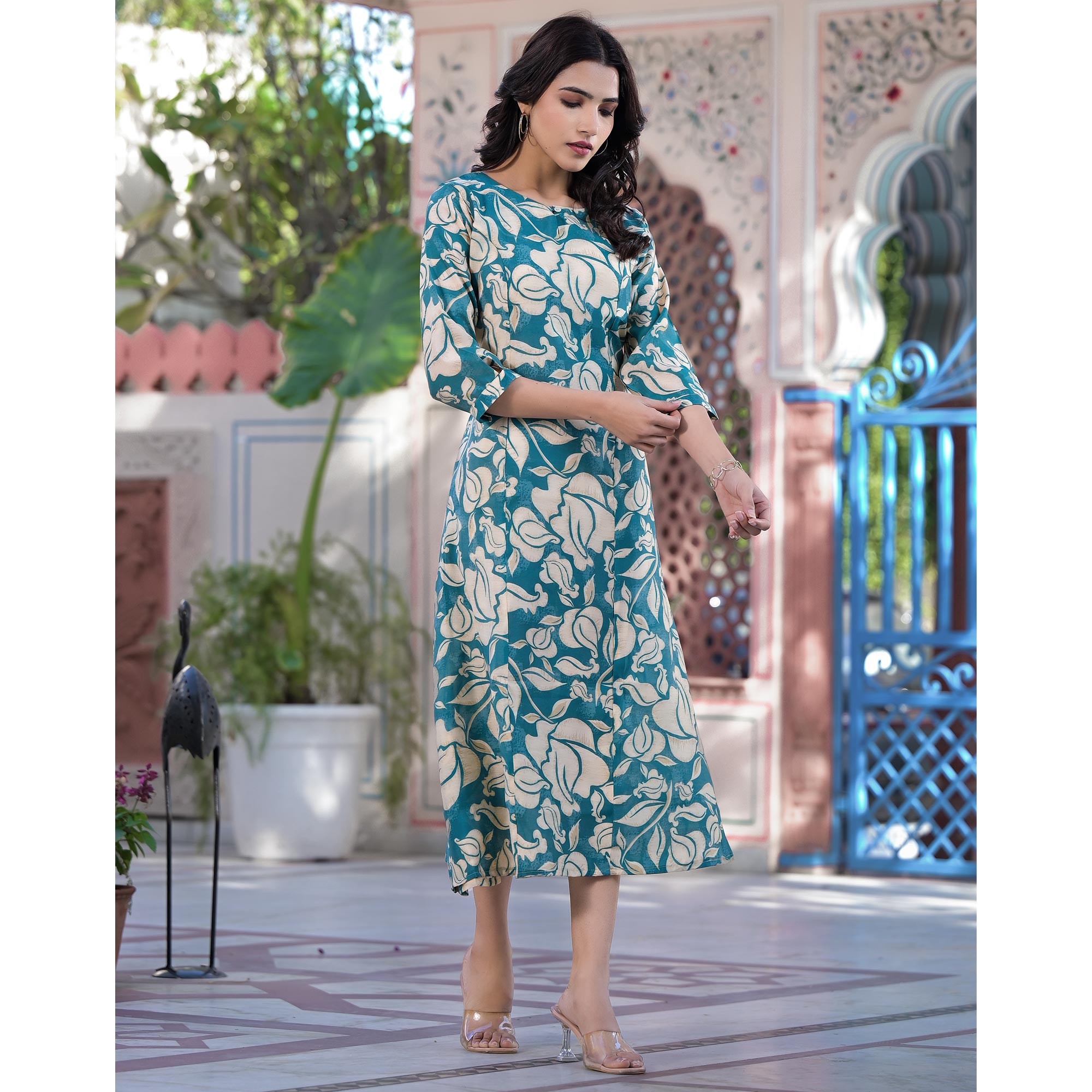 Turquoise Floral Printed Chanderi Silk Dress