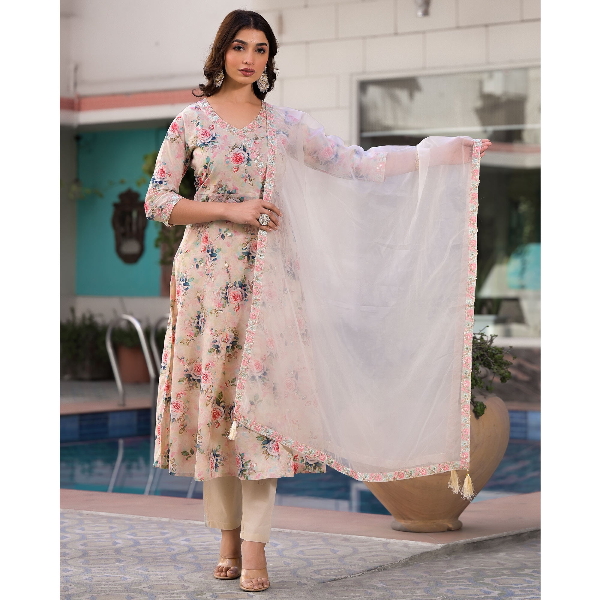 Cream Floral Printed Mulmul Cotton Anarkali Salwar Suit