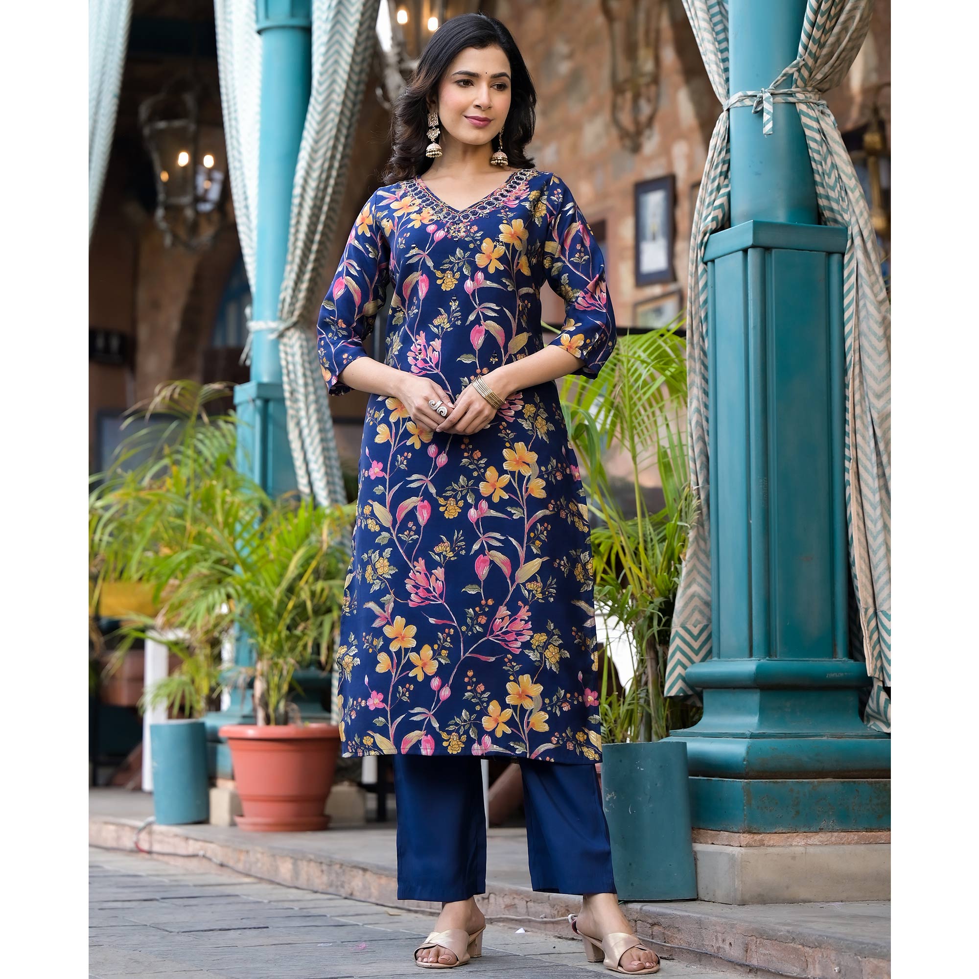 Navy Blue Floral Printed Chanderi Silk Salwar Suit With Mirror Work