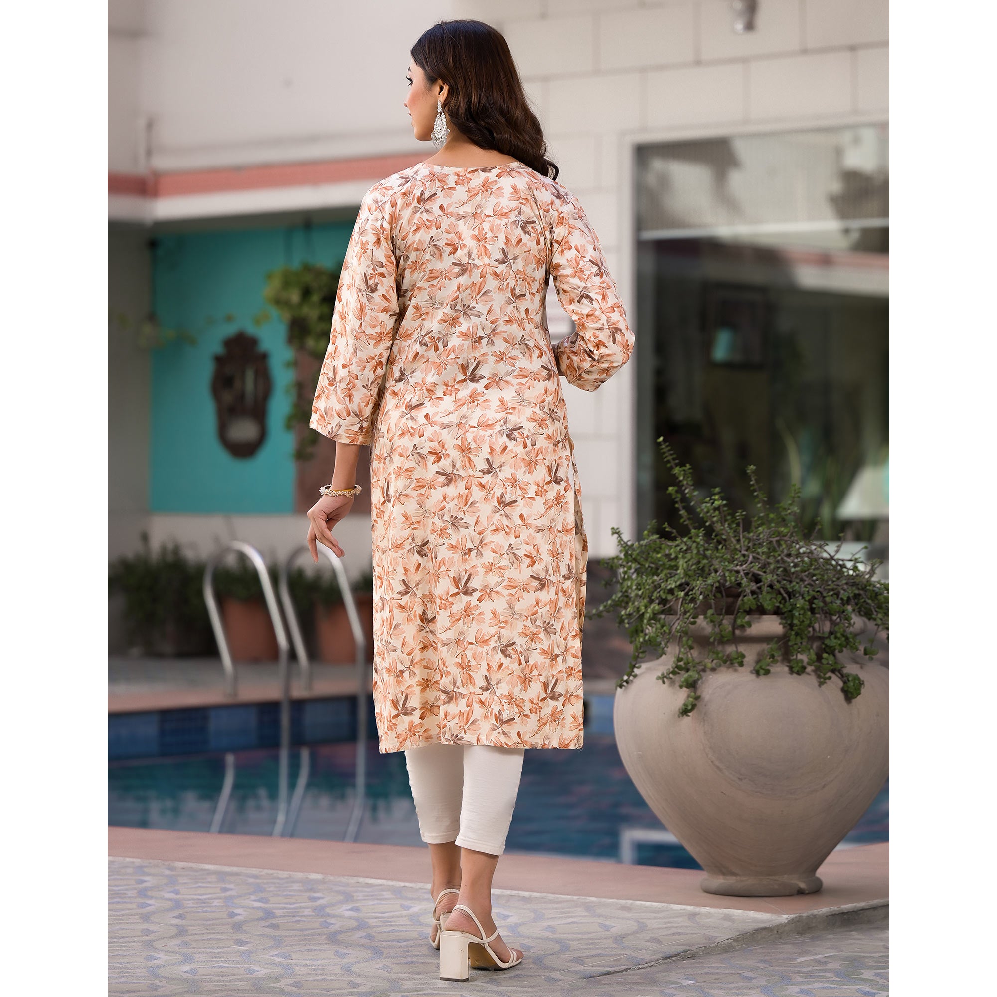 Beige Chikankari Embroidery Rayon Straight Kurti