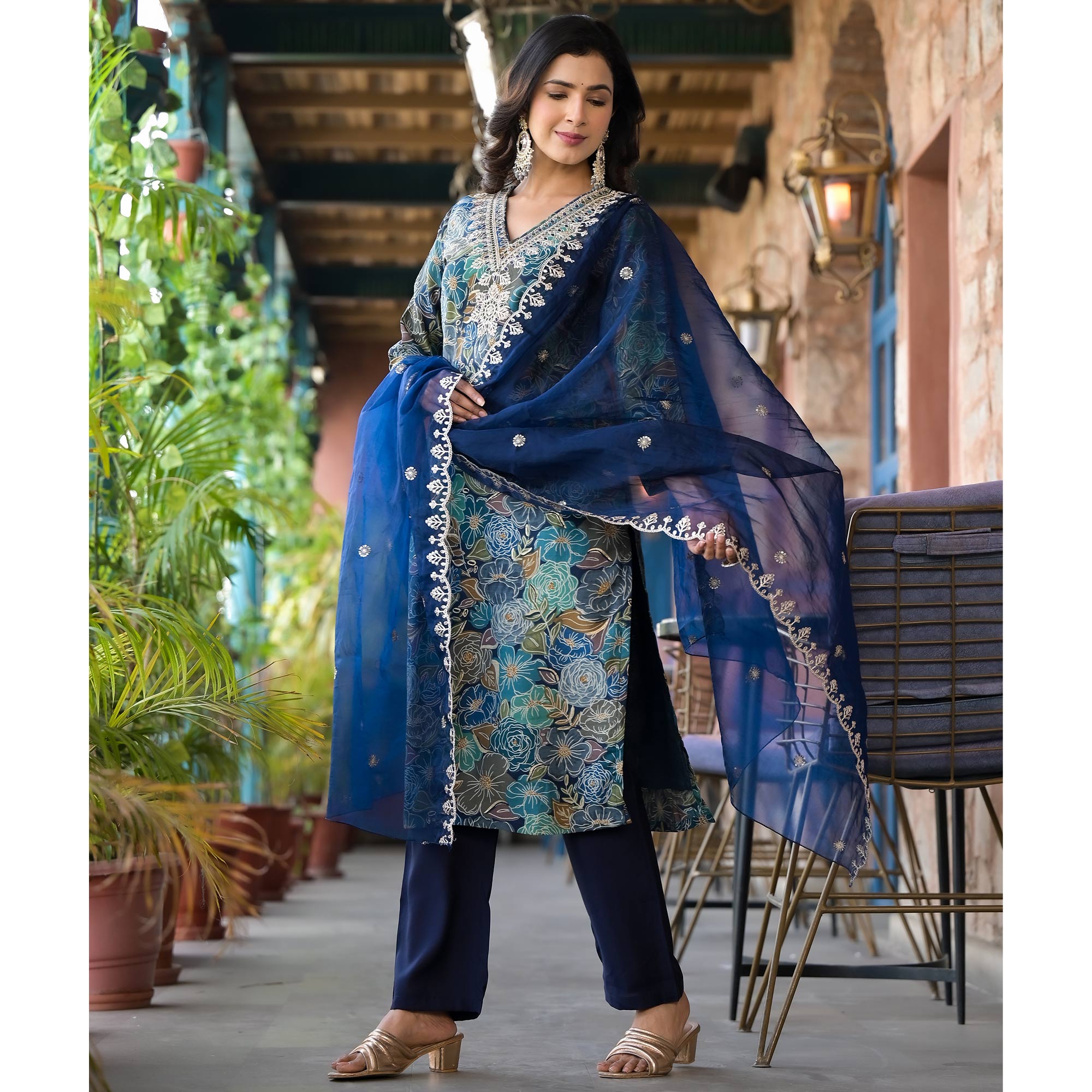 Navy Blue Floral Printed Chanderi Silk Salwar Suit With Sequins Work