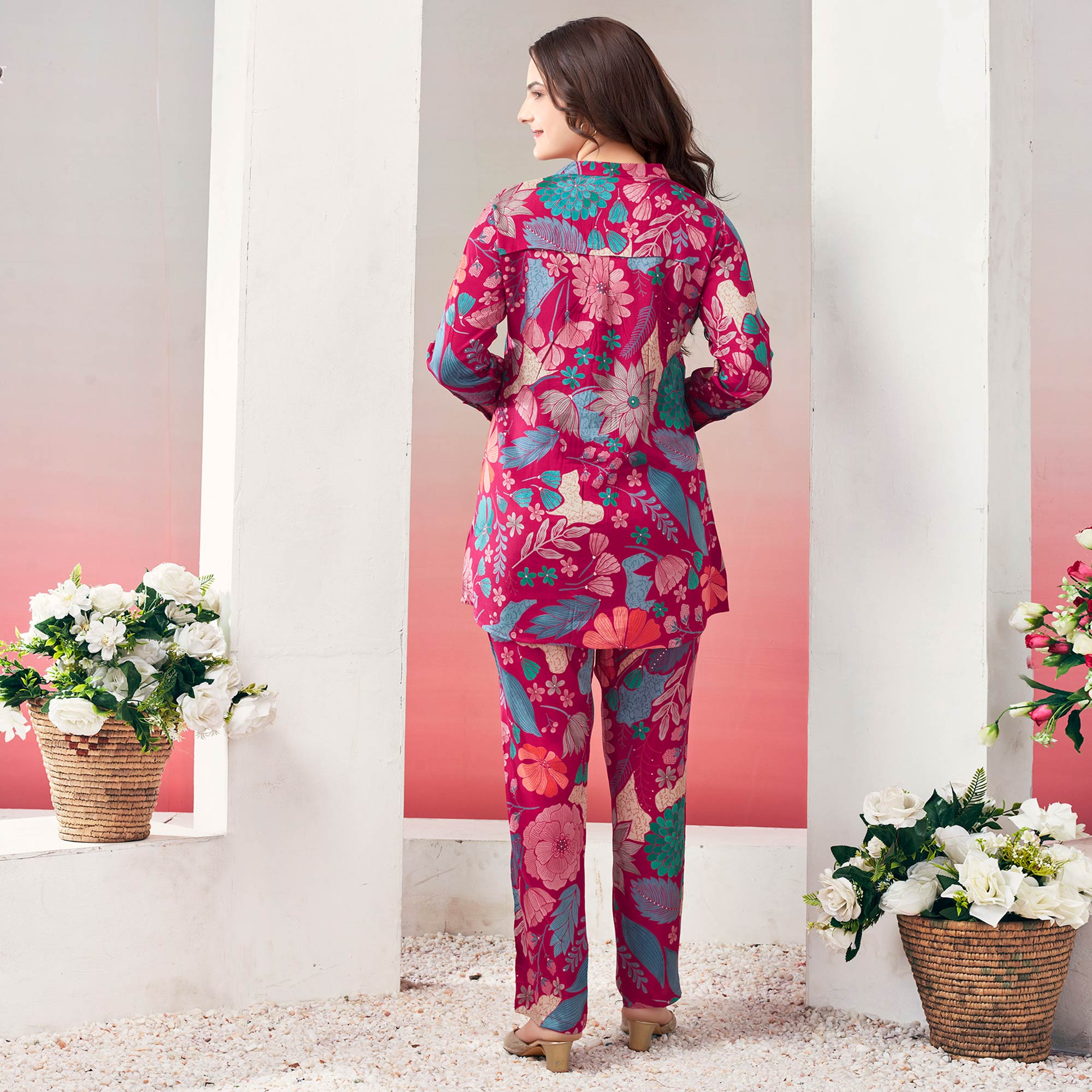 Pink Floral Printed Muslin Co Ord Set