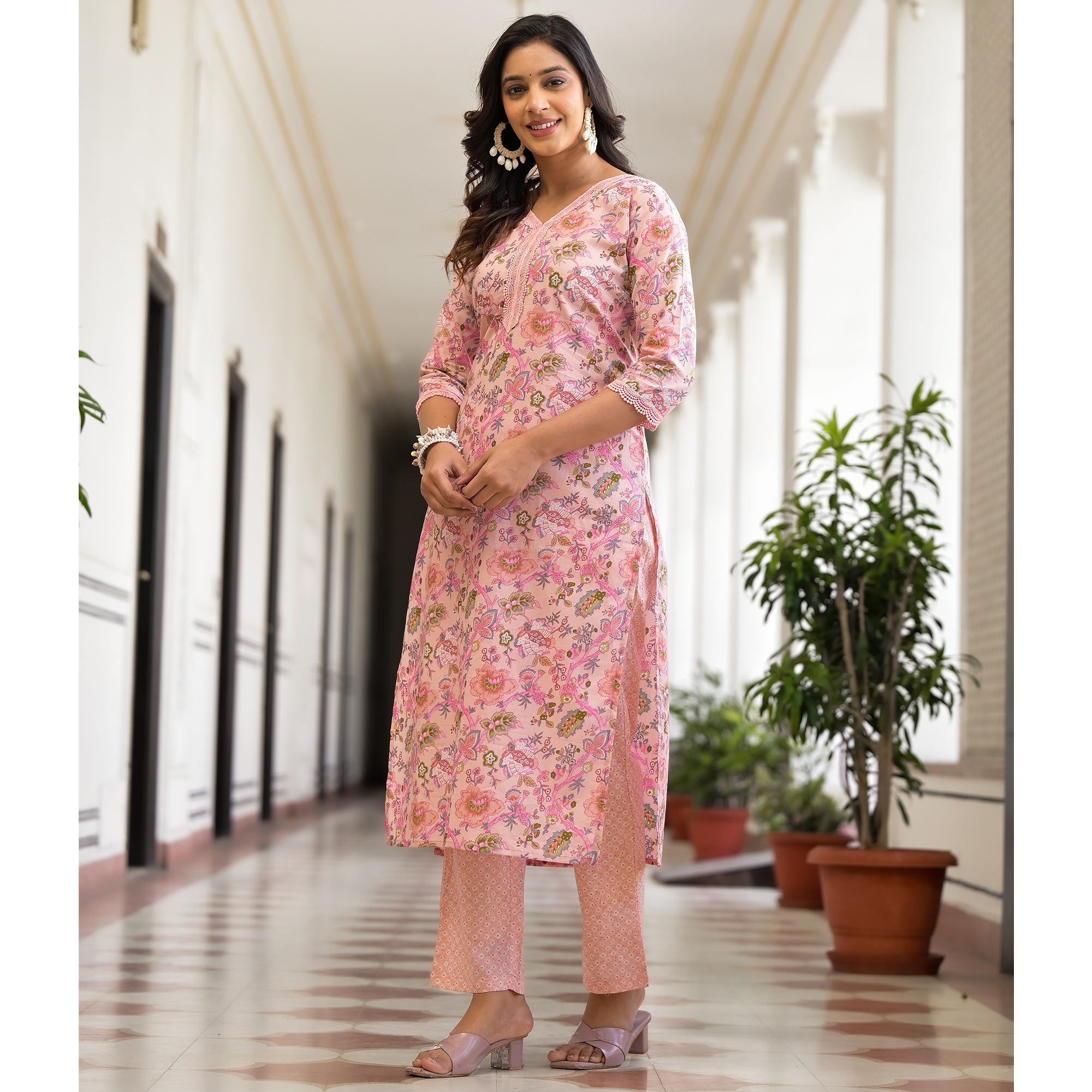 Baby Pink Floral Printed Pure Cotton Straight Salwar Suit