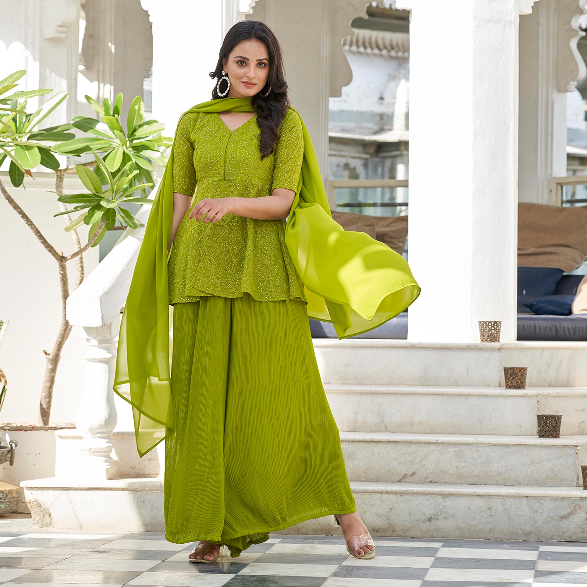 Green Sequins Embroidered Georgette Palazzo Suit