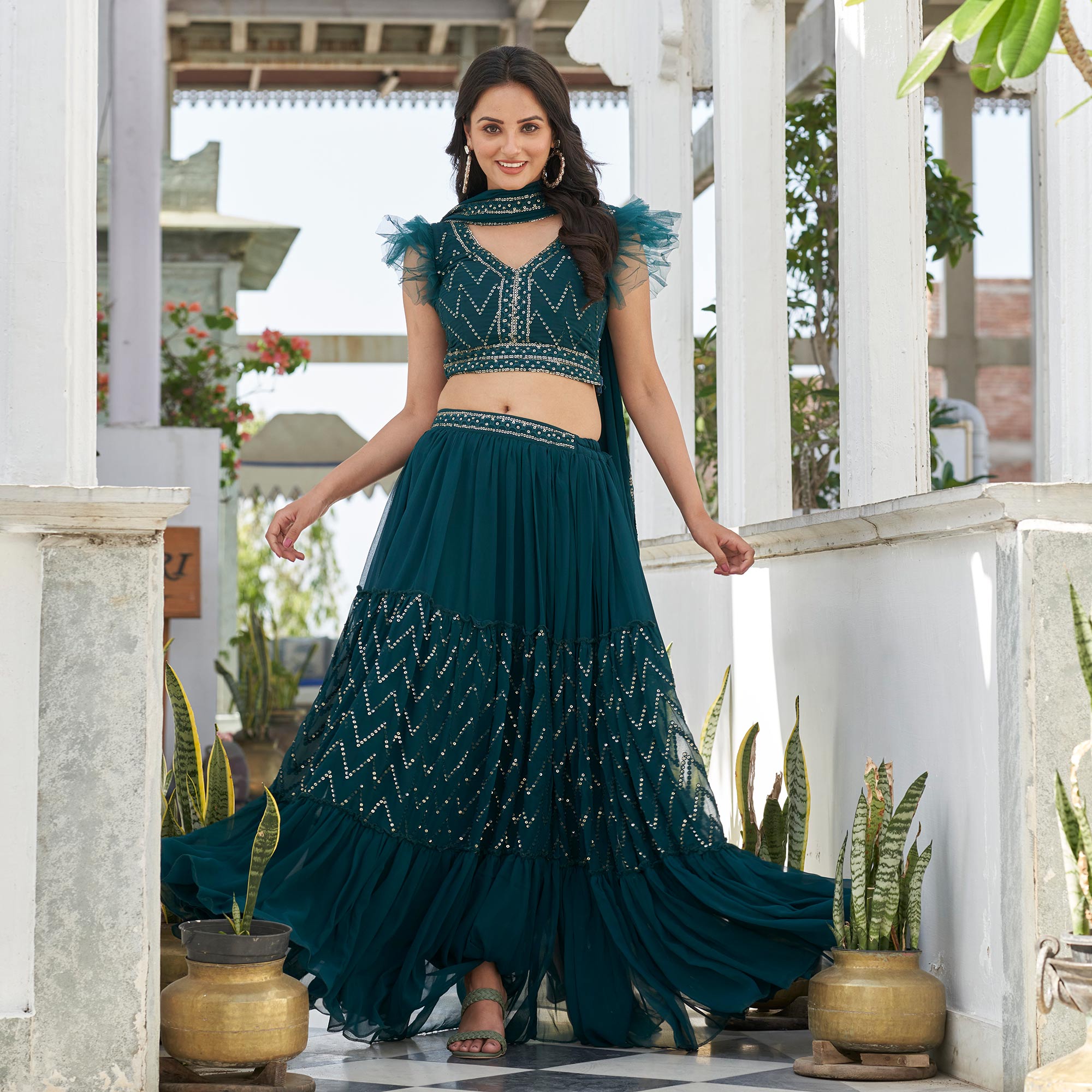 Sea Green Embroidered Georgette Lehenga Choli