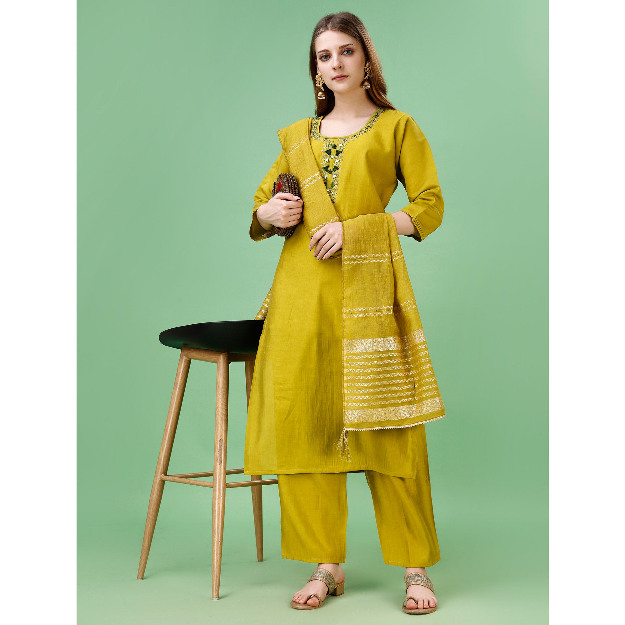 Mehendi Green Mirror Embroidered Viscose Salwar Suit