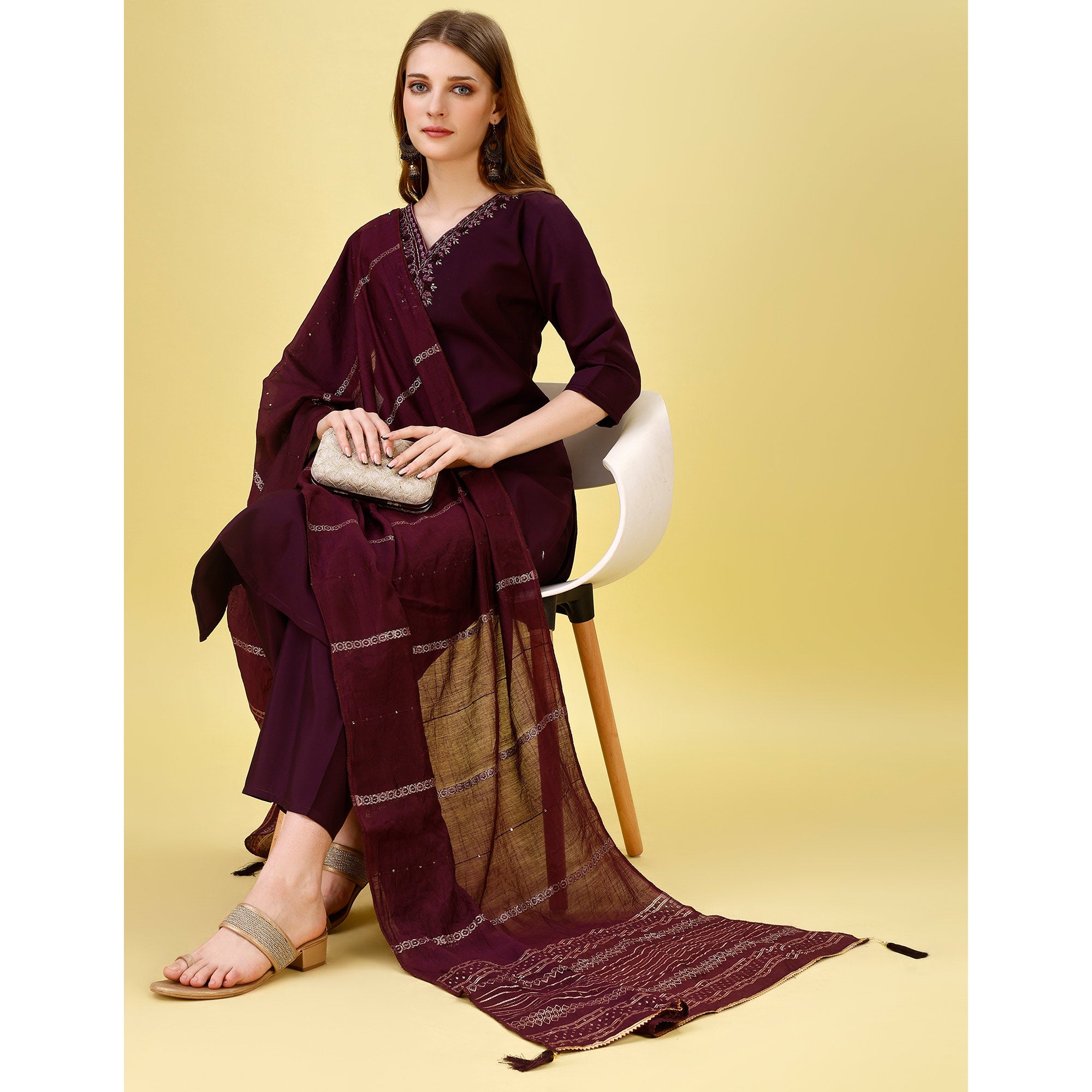 Dark Wine Mirror Embroidered Viscose Salwar Suit