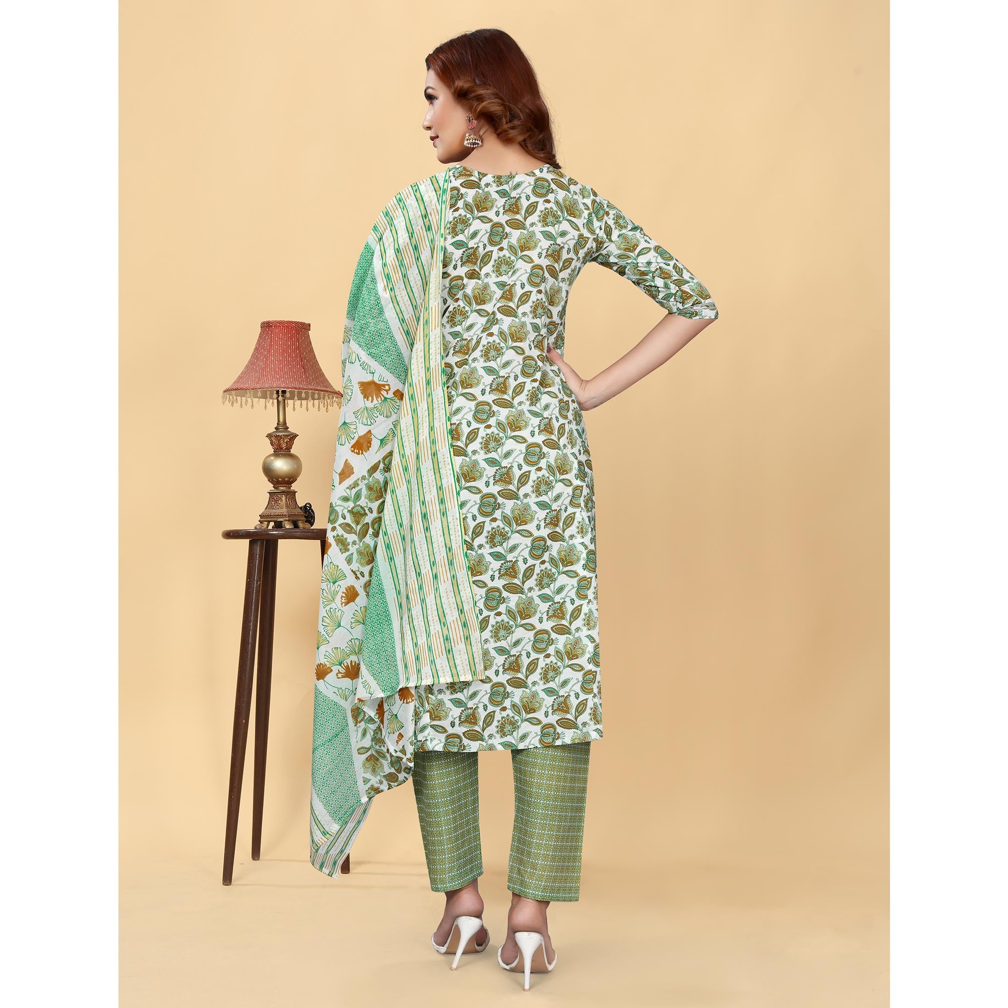 Light Green Floral Printed Cotton Blend Salwar Suit