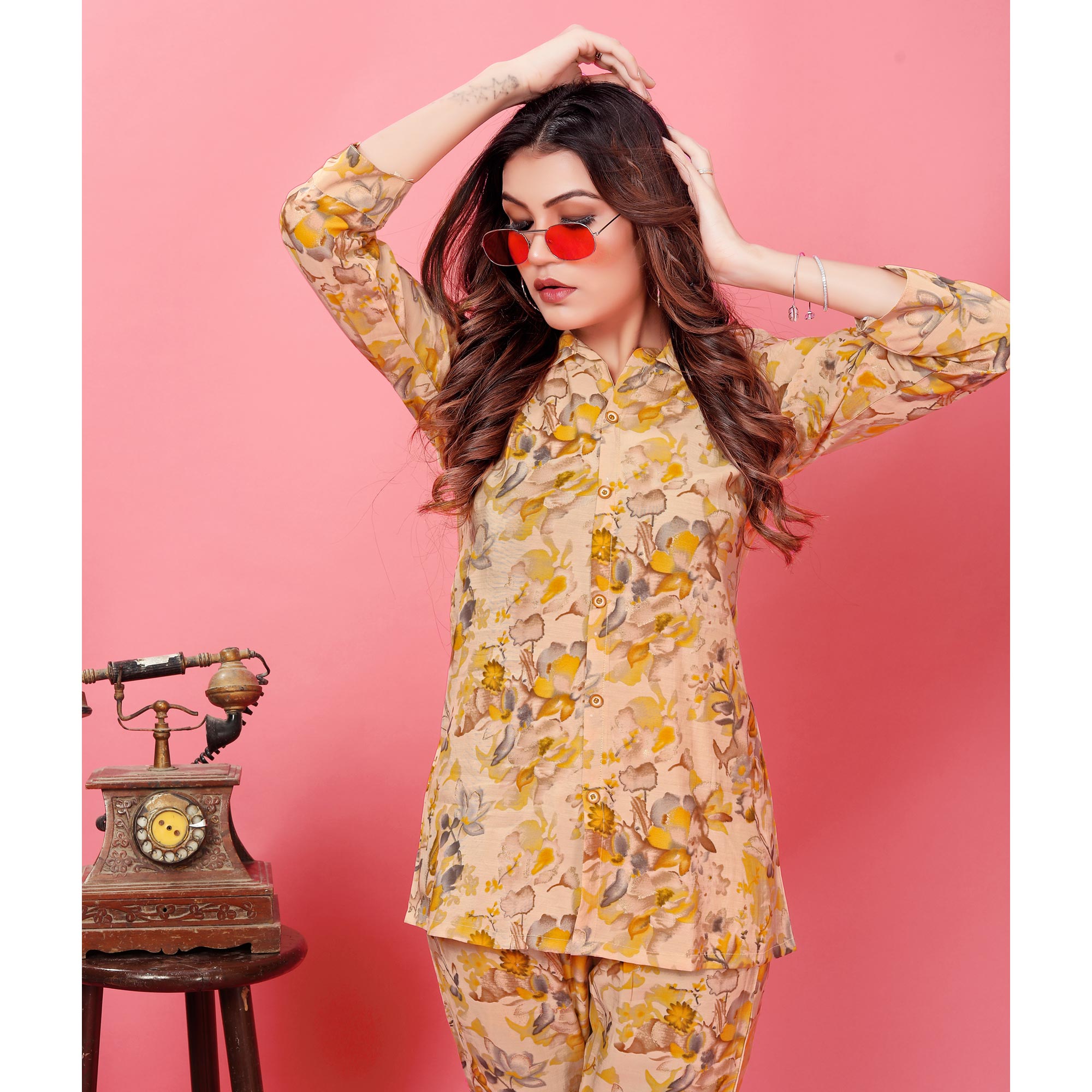 Yellow Floral Printed Rayon Co Ord Set