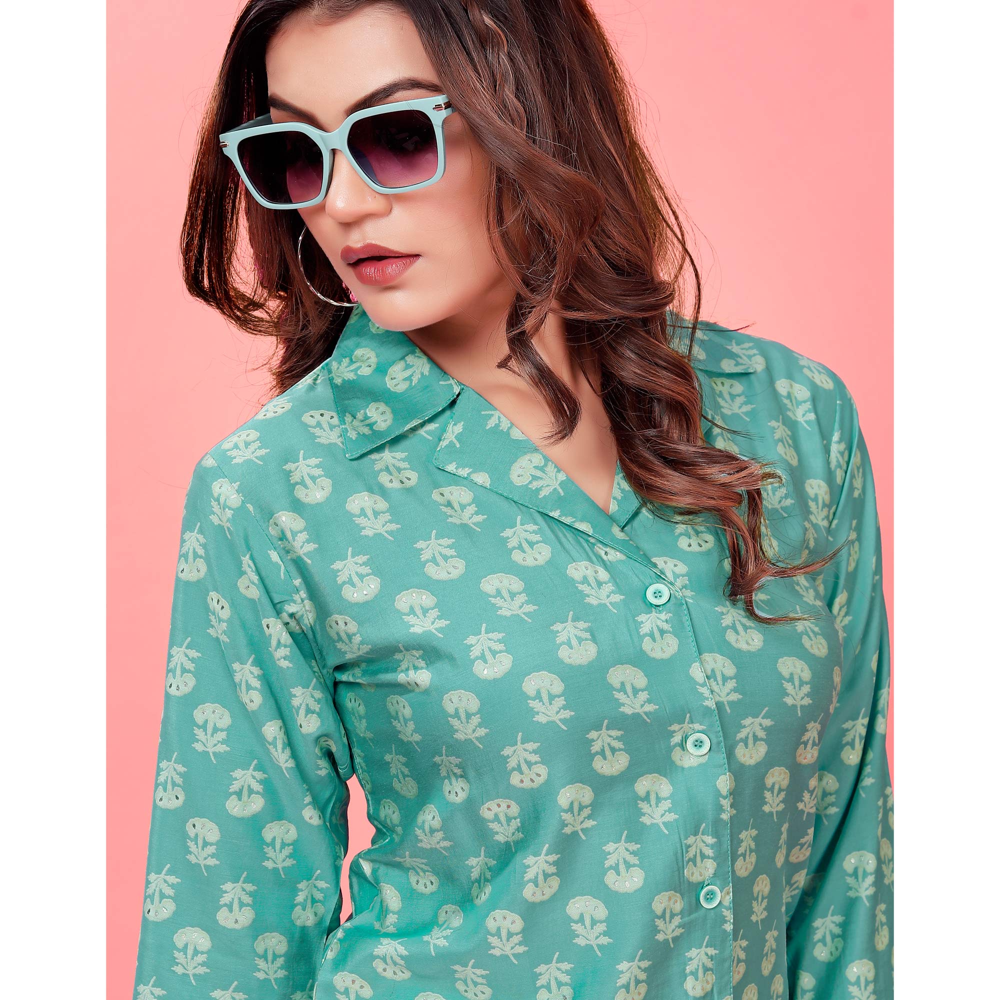 Turquoise Floral Printed Pure Silk Co Ord Set