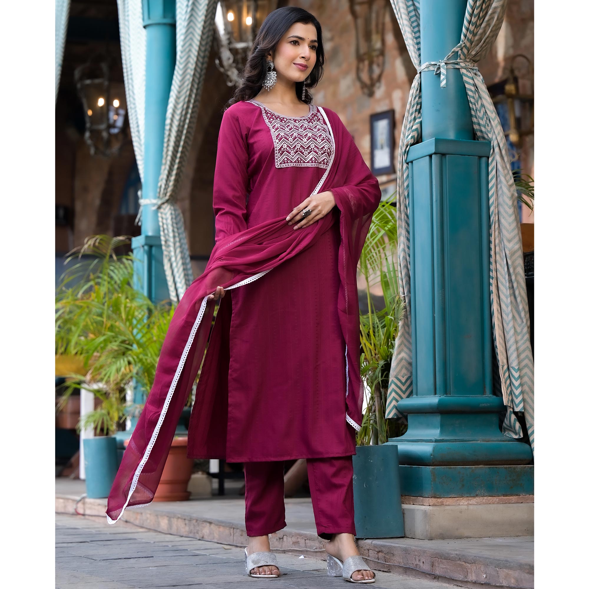 Wine Embroidered Pure Cotton Straight Salwar Suit
