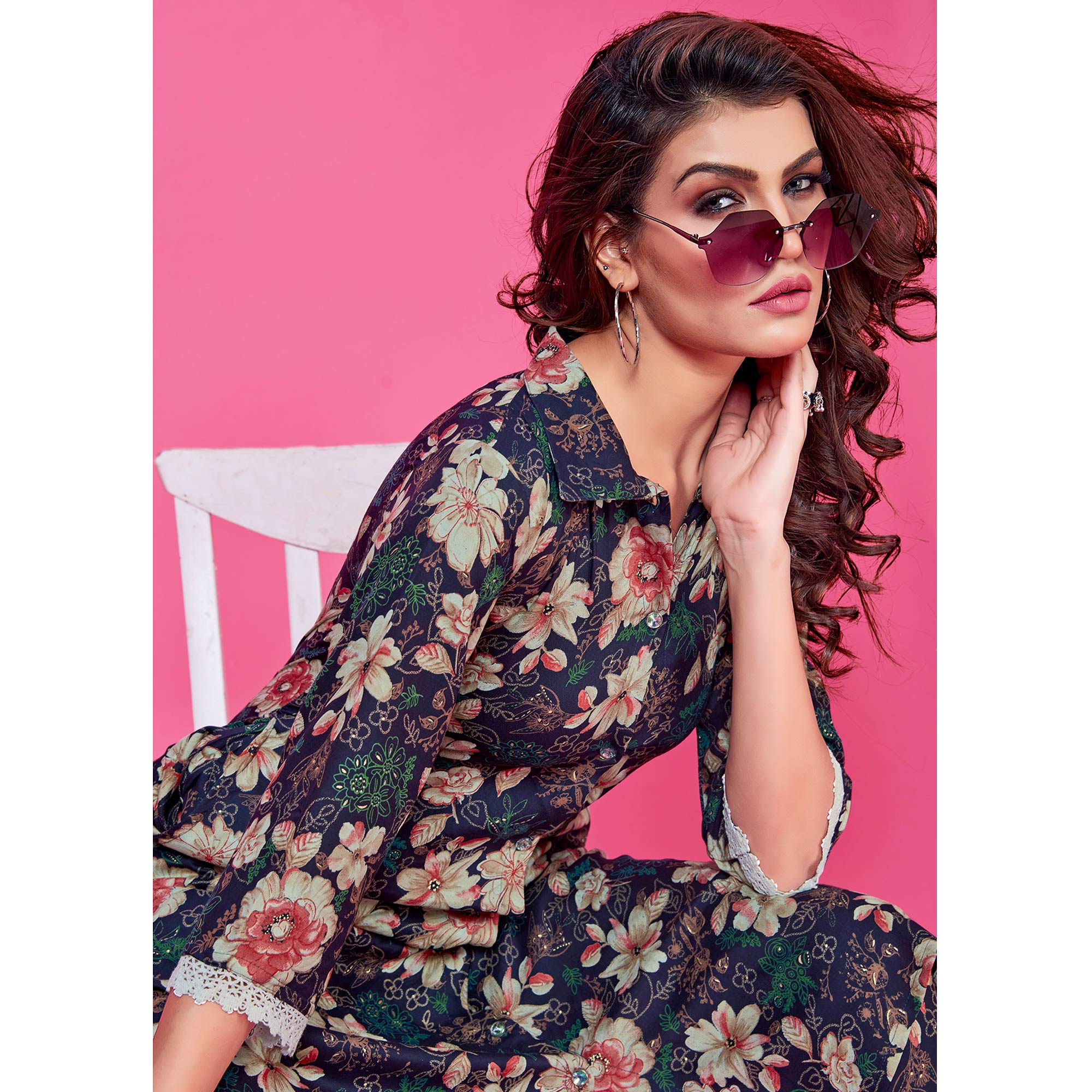 Blue Floral Foil Printed Rayon Co-Ord Set