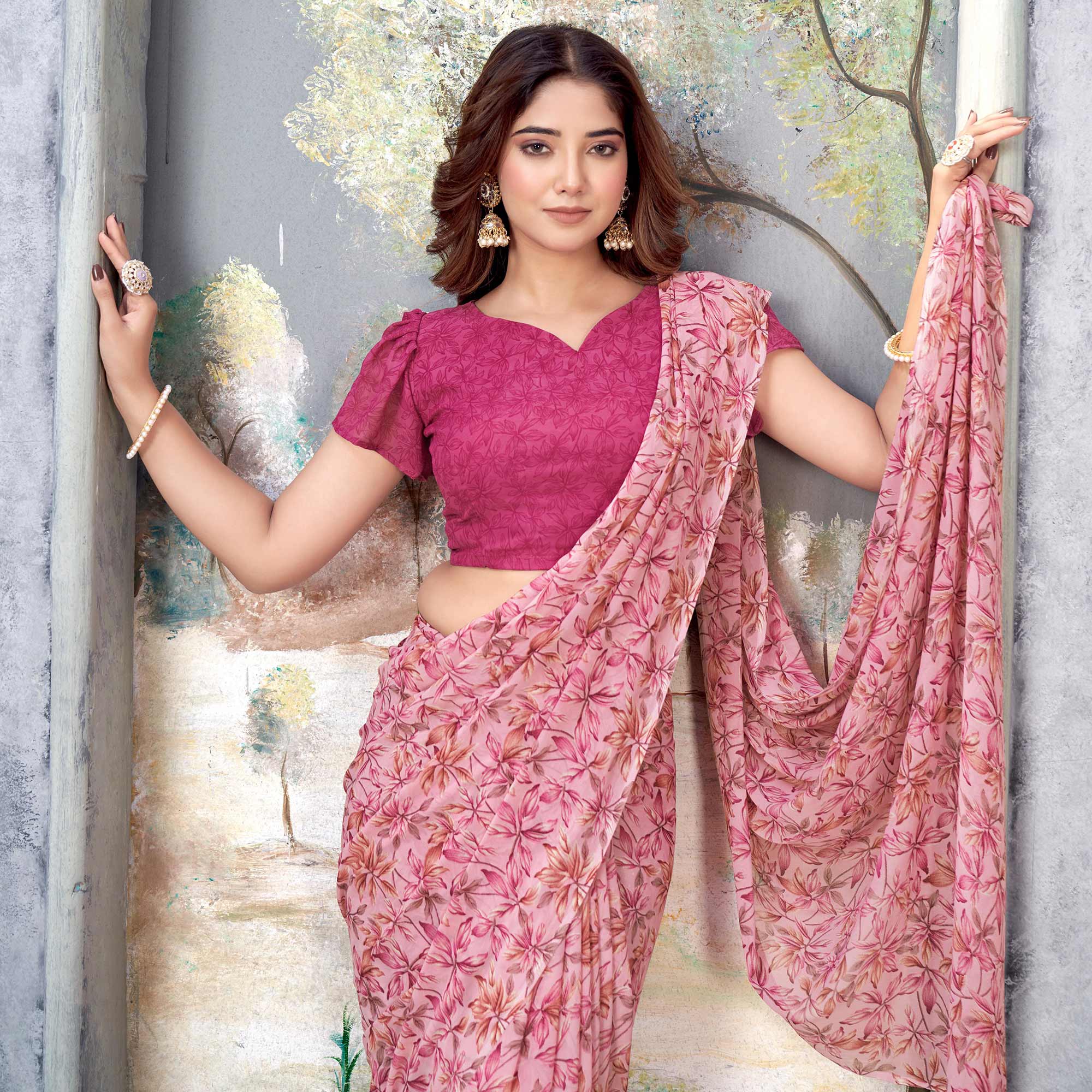 Pink Floral Printed Georgette Saree
