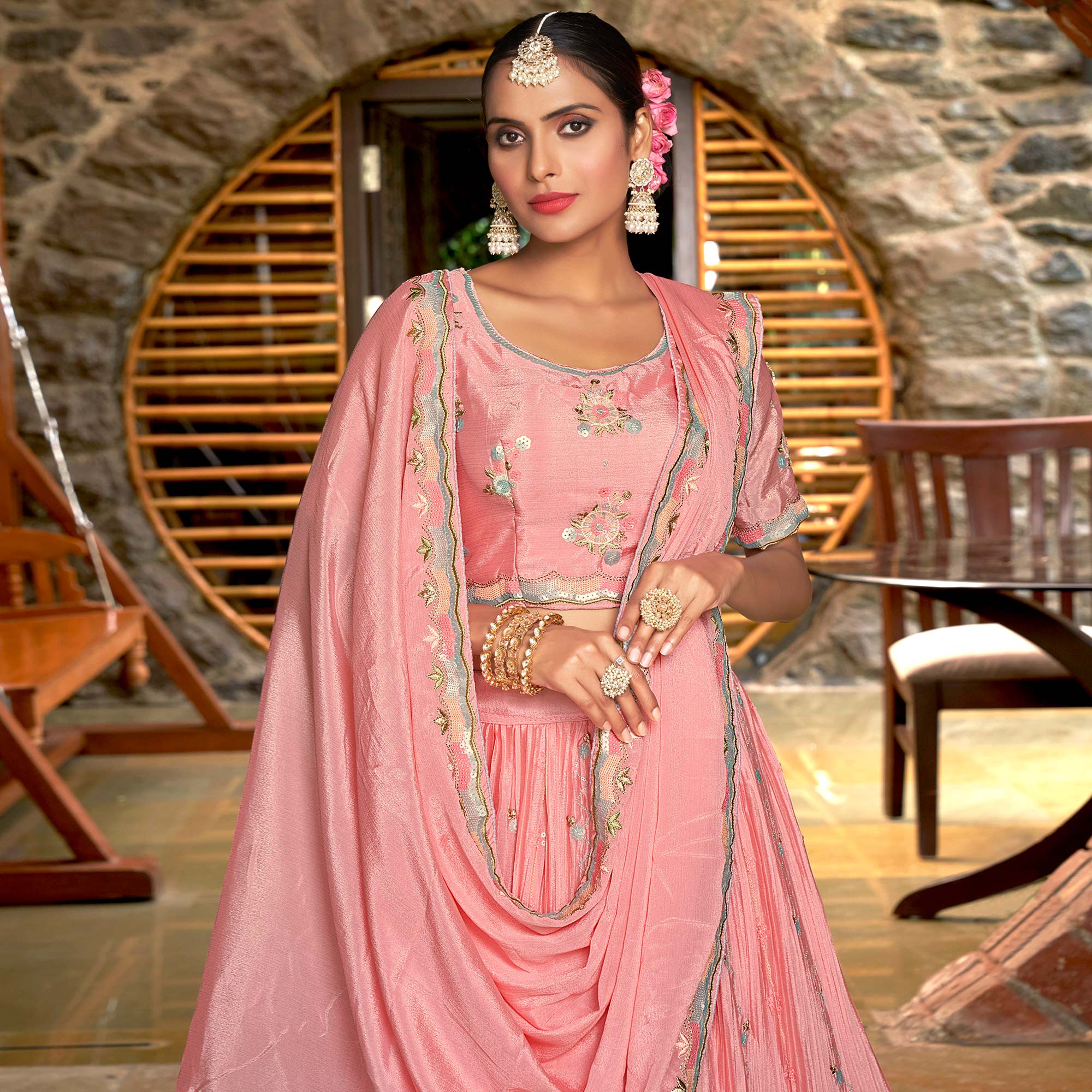 Pink Sequins Floral Embroidered Chiffon Lehenga Choli