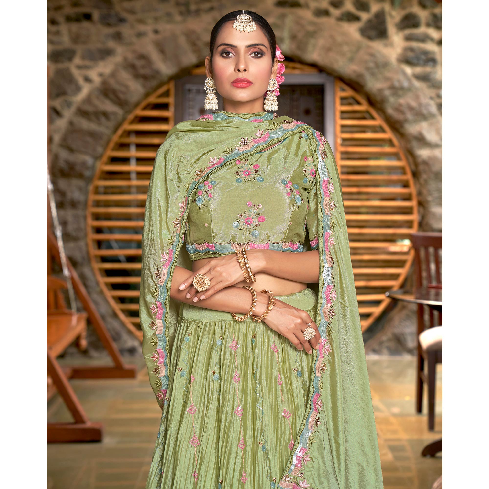 Pista Green Sequins Floral Embroidered Chiffon Lehenga Choli