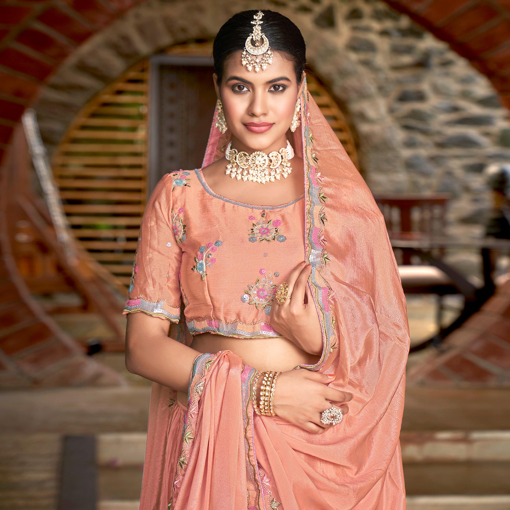 Peach Sequins Floral Embroidered Chiffon Lehenga Choli