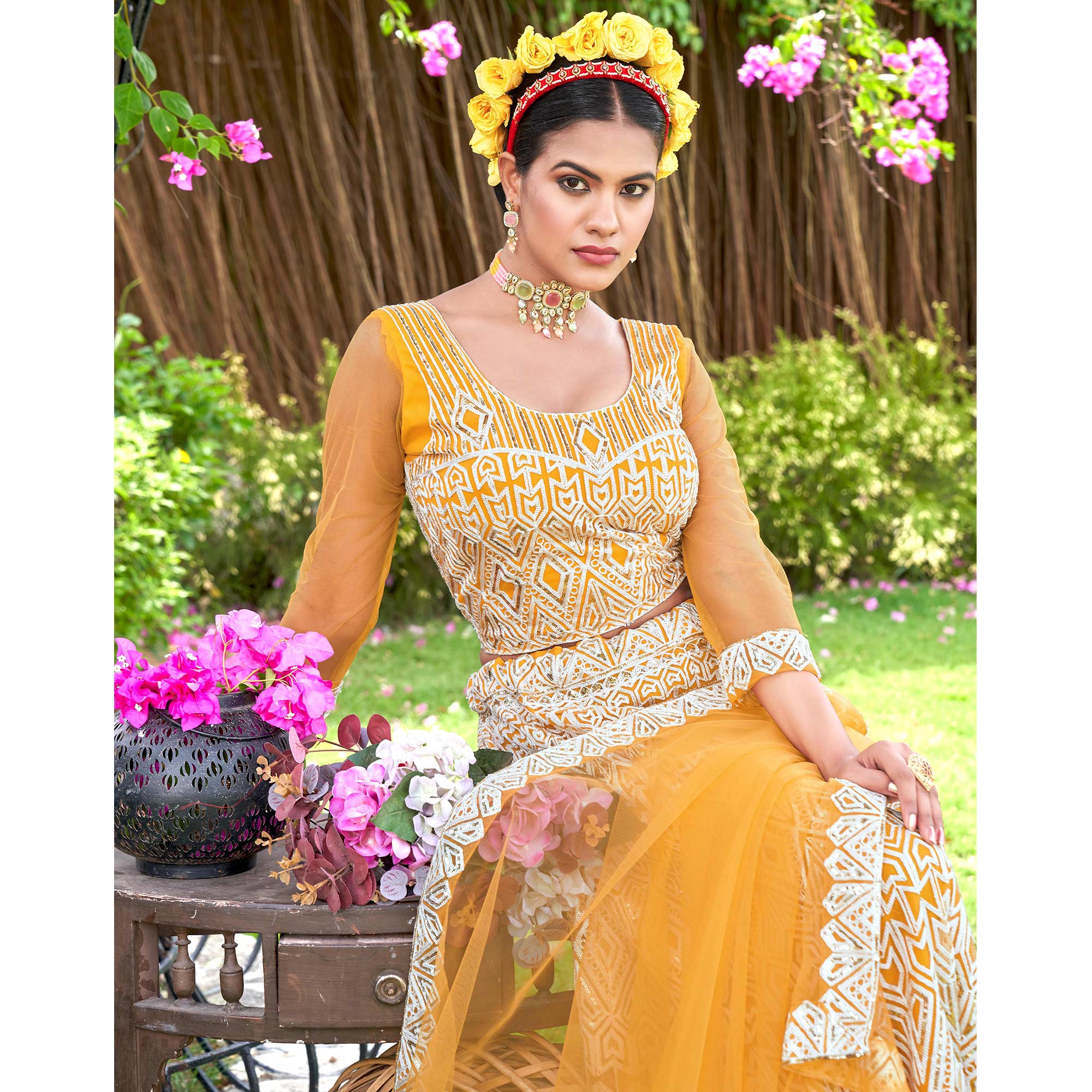 Yellow Sequins Embroidered Net Semi Stitched Lehenga Choli