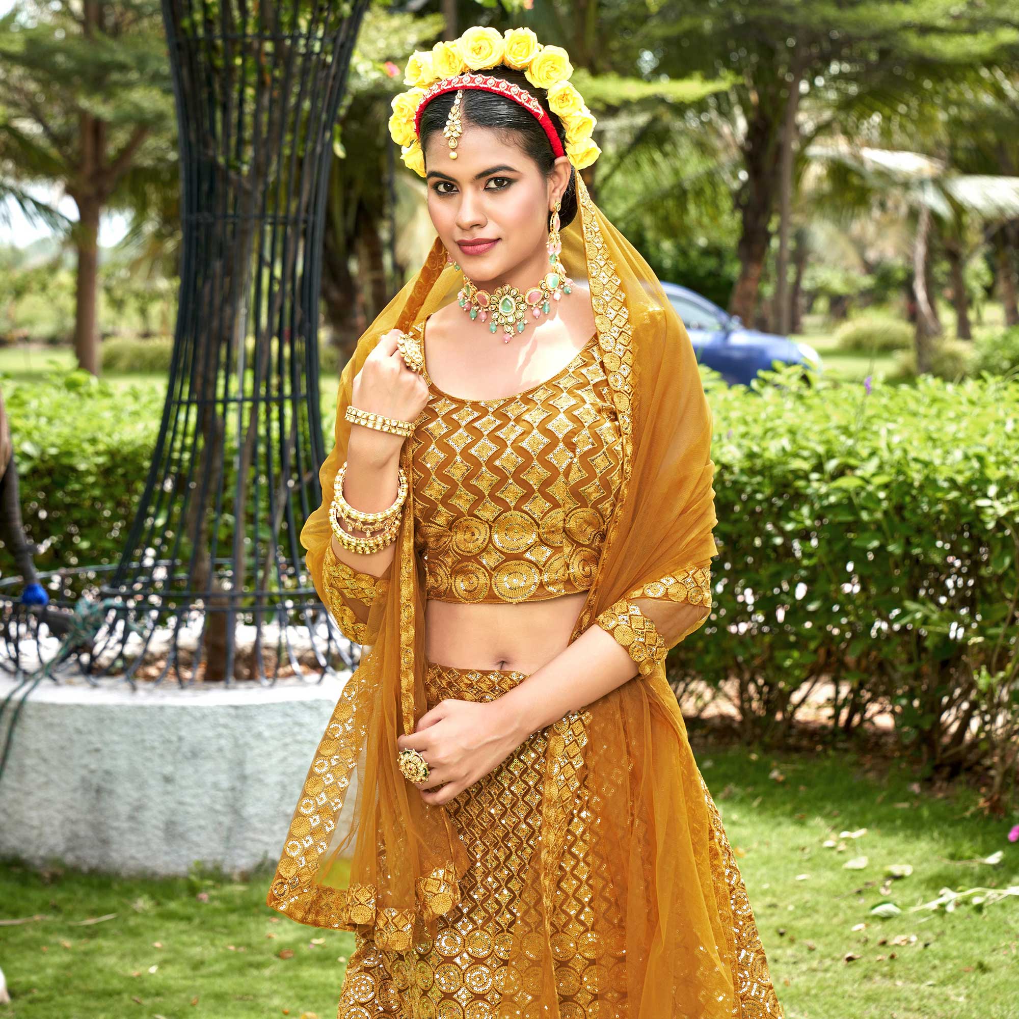 Mustard Sequins Embroidered Net Lehenga Choli