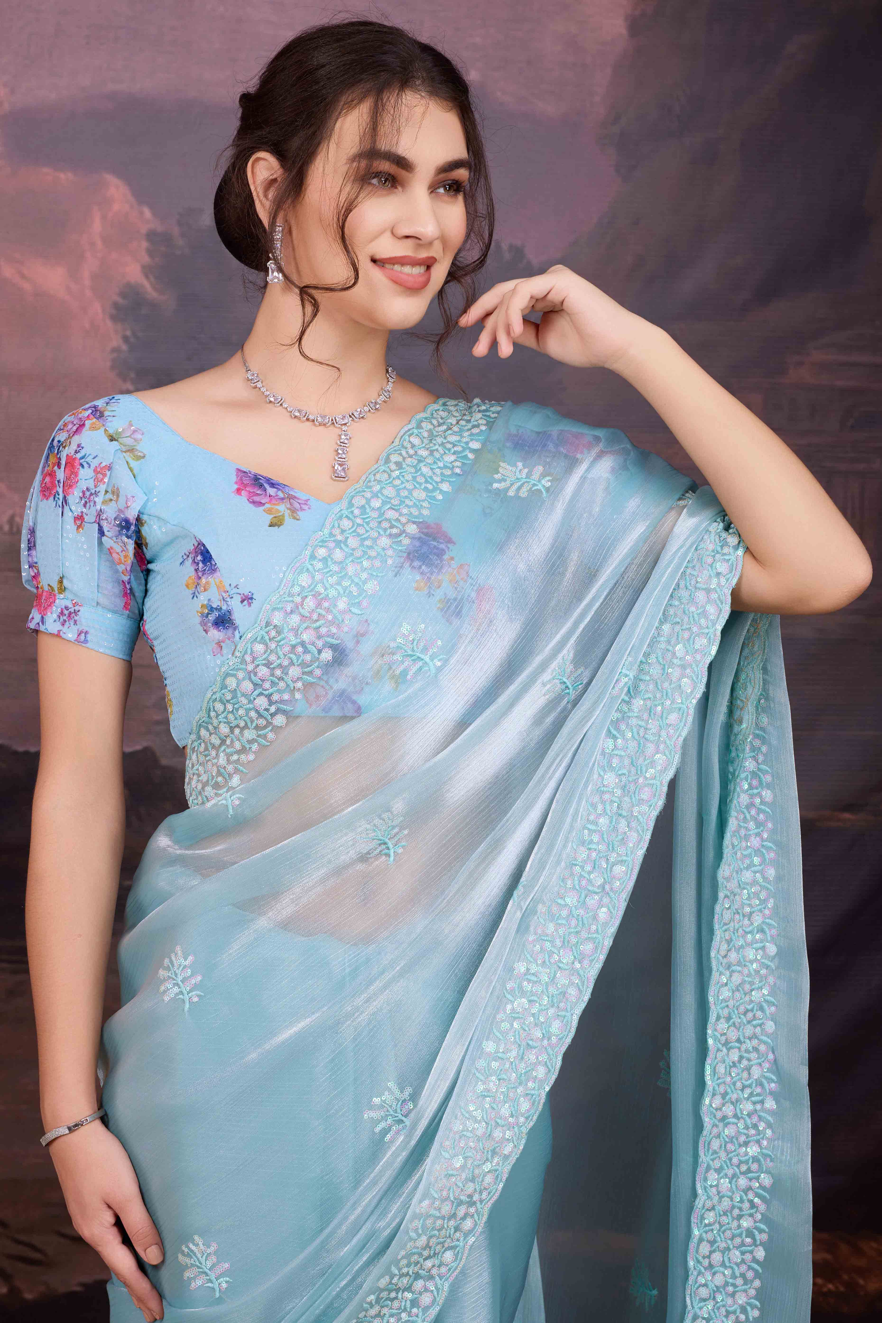 Sky Blue Organza Saree Enhanced with Elegant Sequins Embellishments
