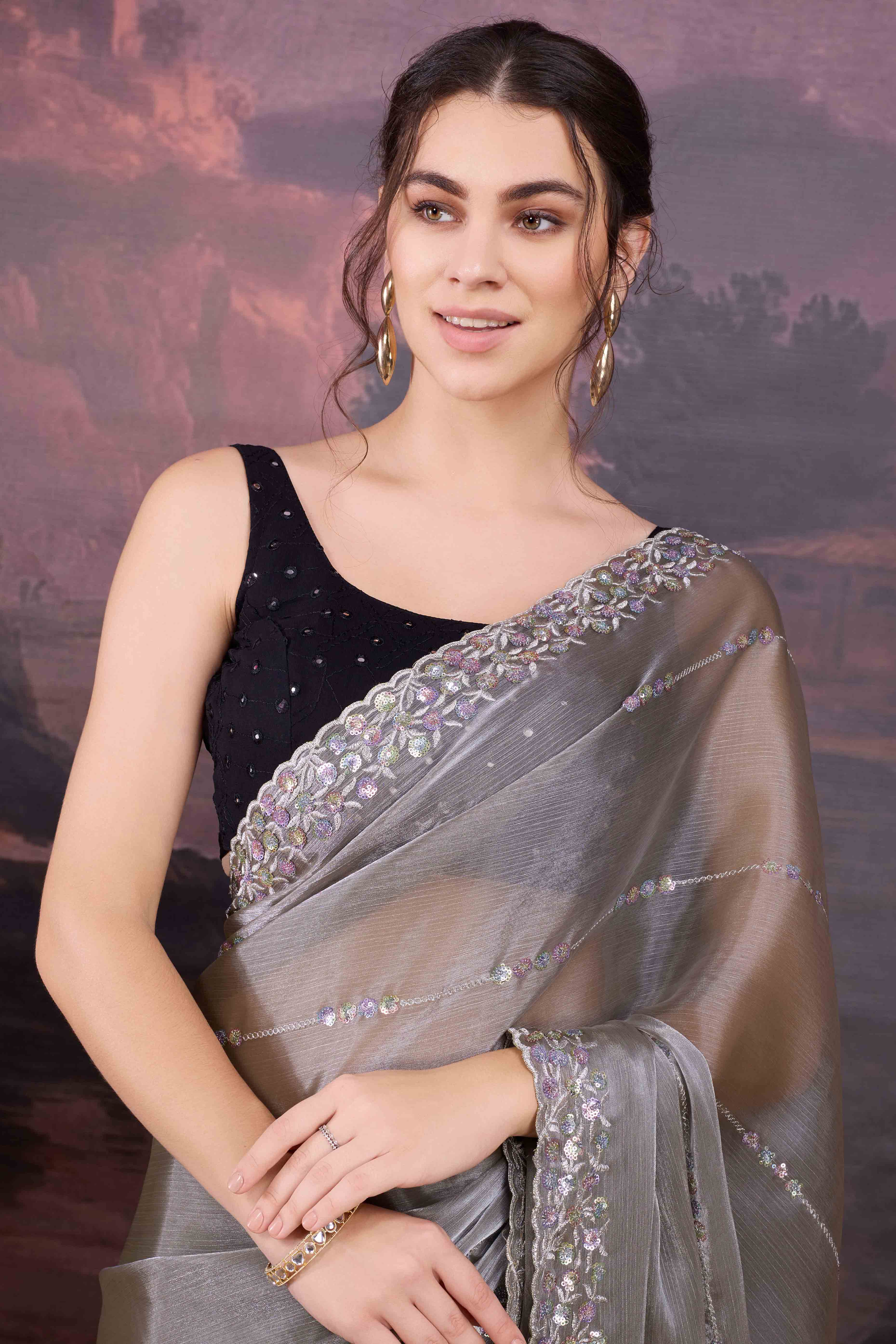 Grey Organza Saree Enhanced with Elegant Sequins Embellishments