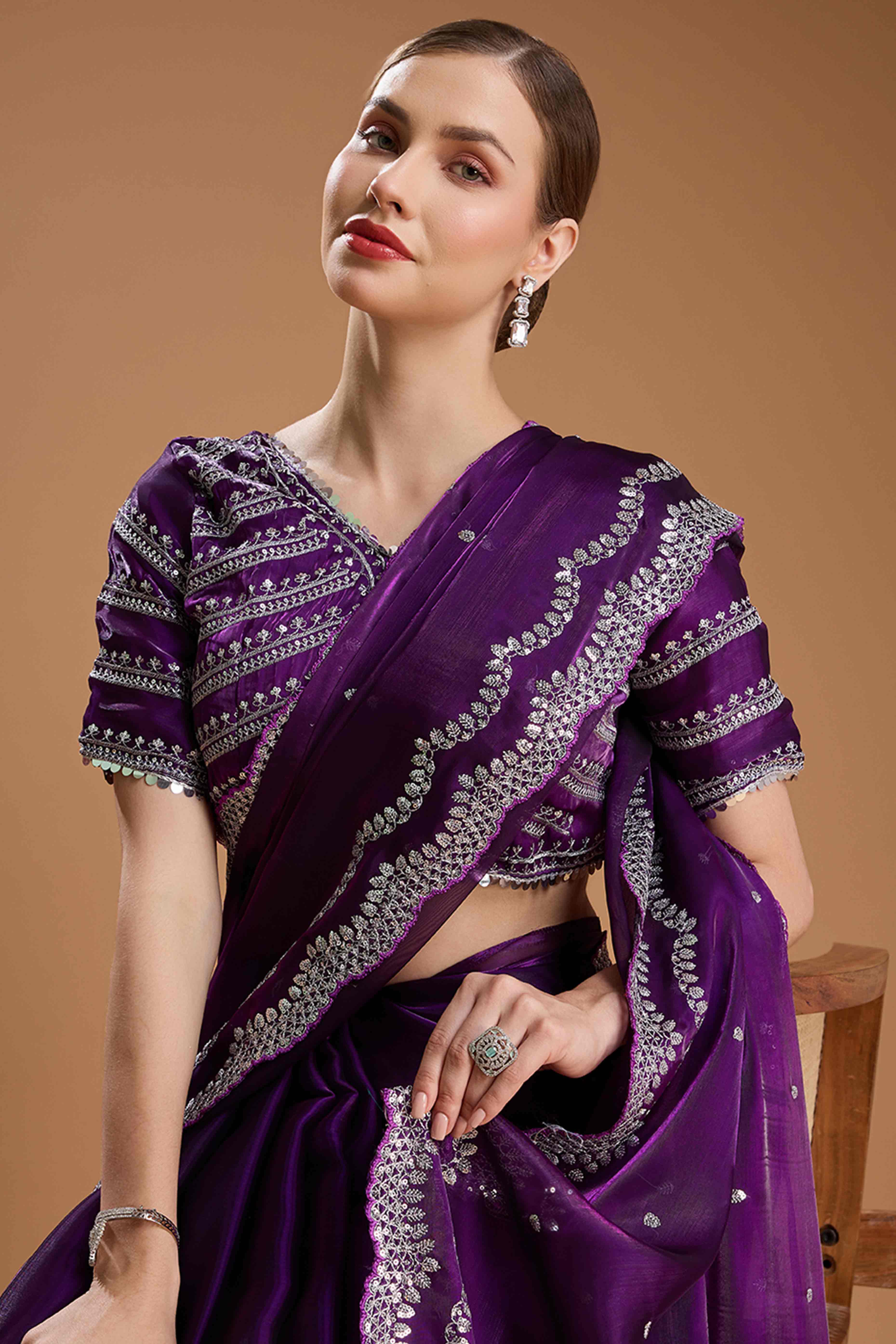 Dark Purple Embroidered Saree in Organza with Sequins Accents