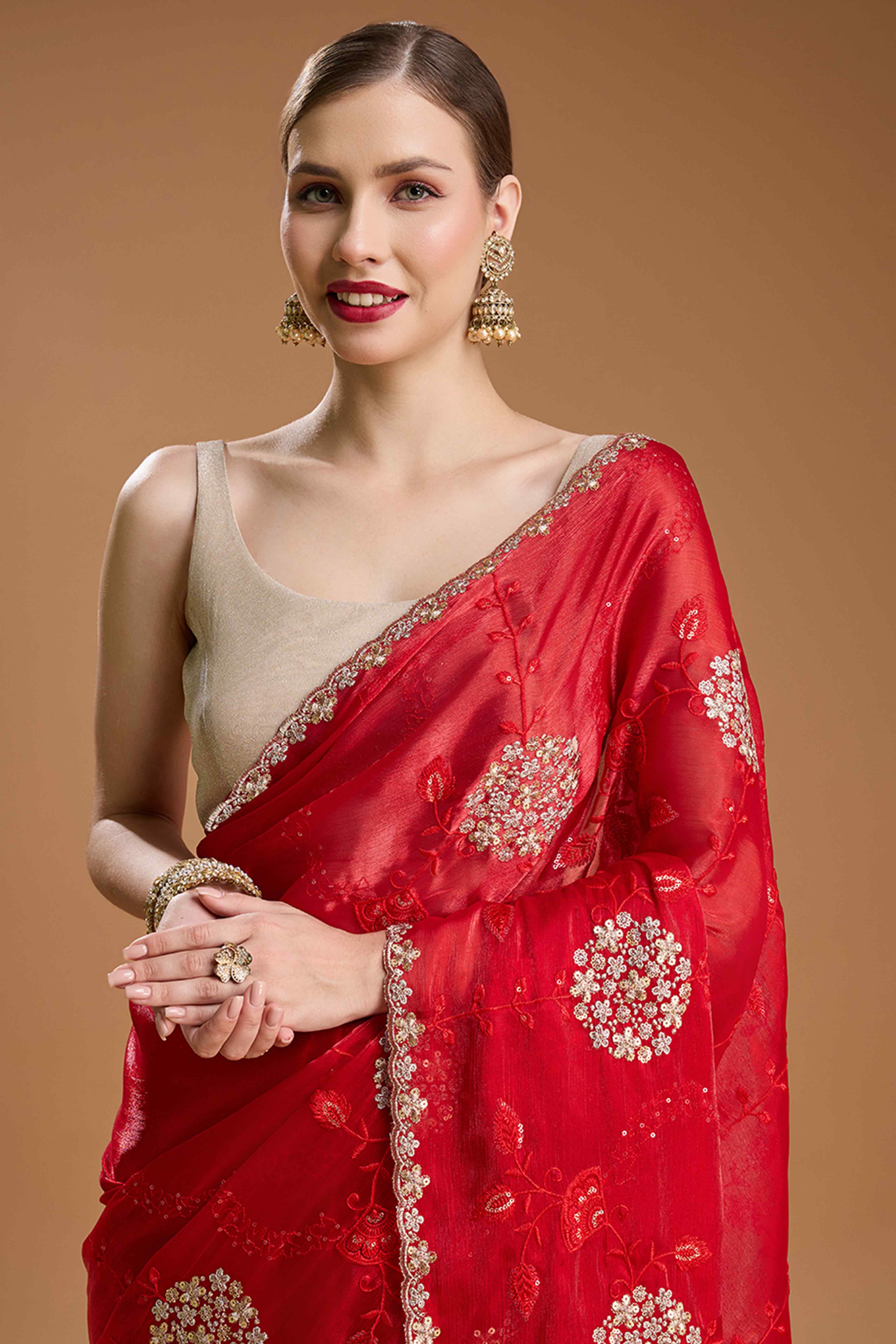 Red Floral Design Organza Saree with Glittering Sequins Embroidery