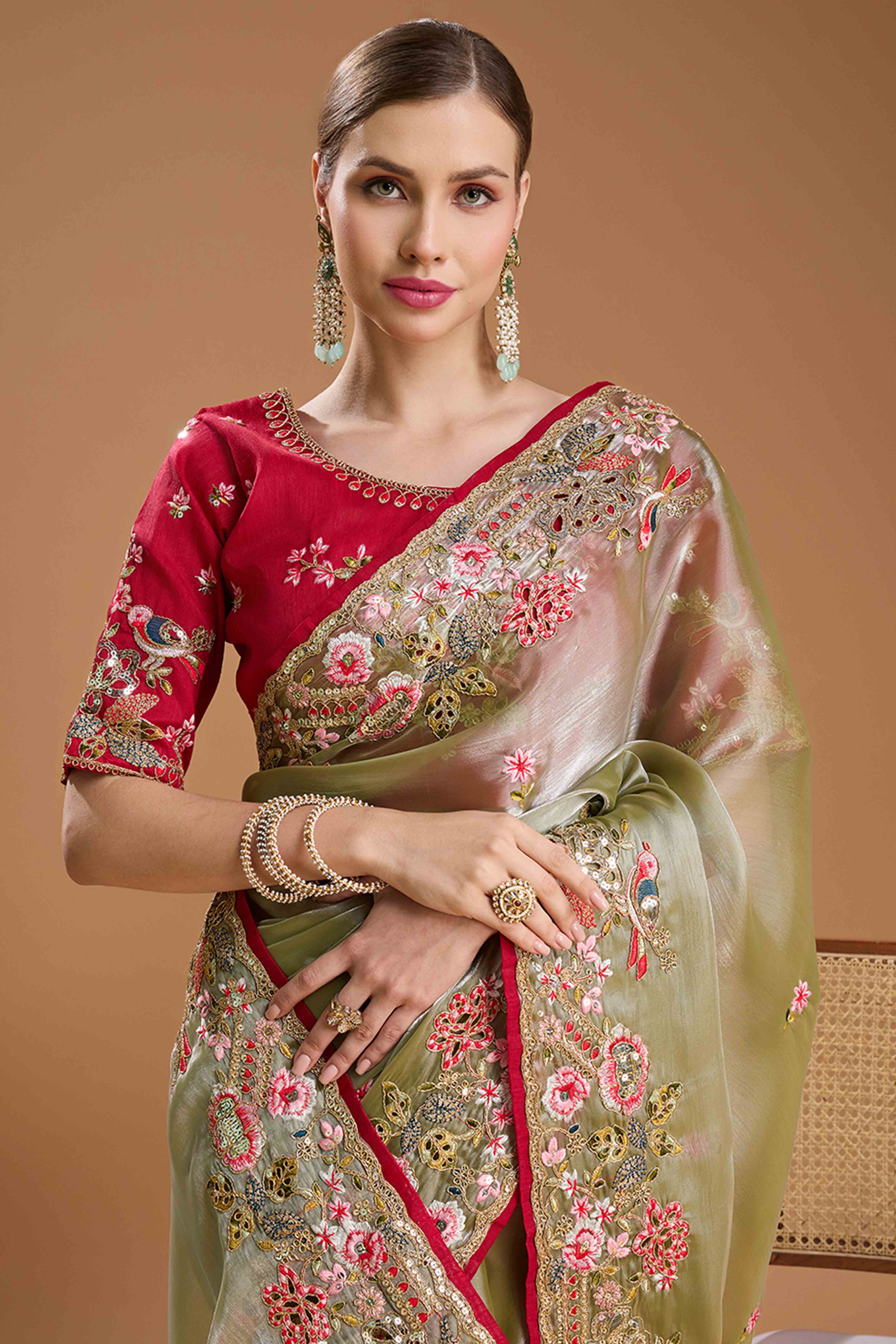 Green Floral Design Organza Saree with Glittering Sequins Embroidery