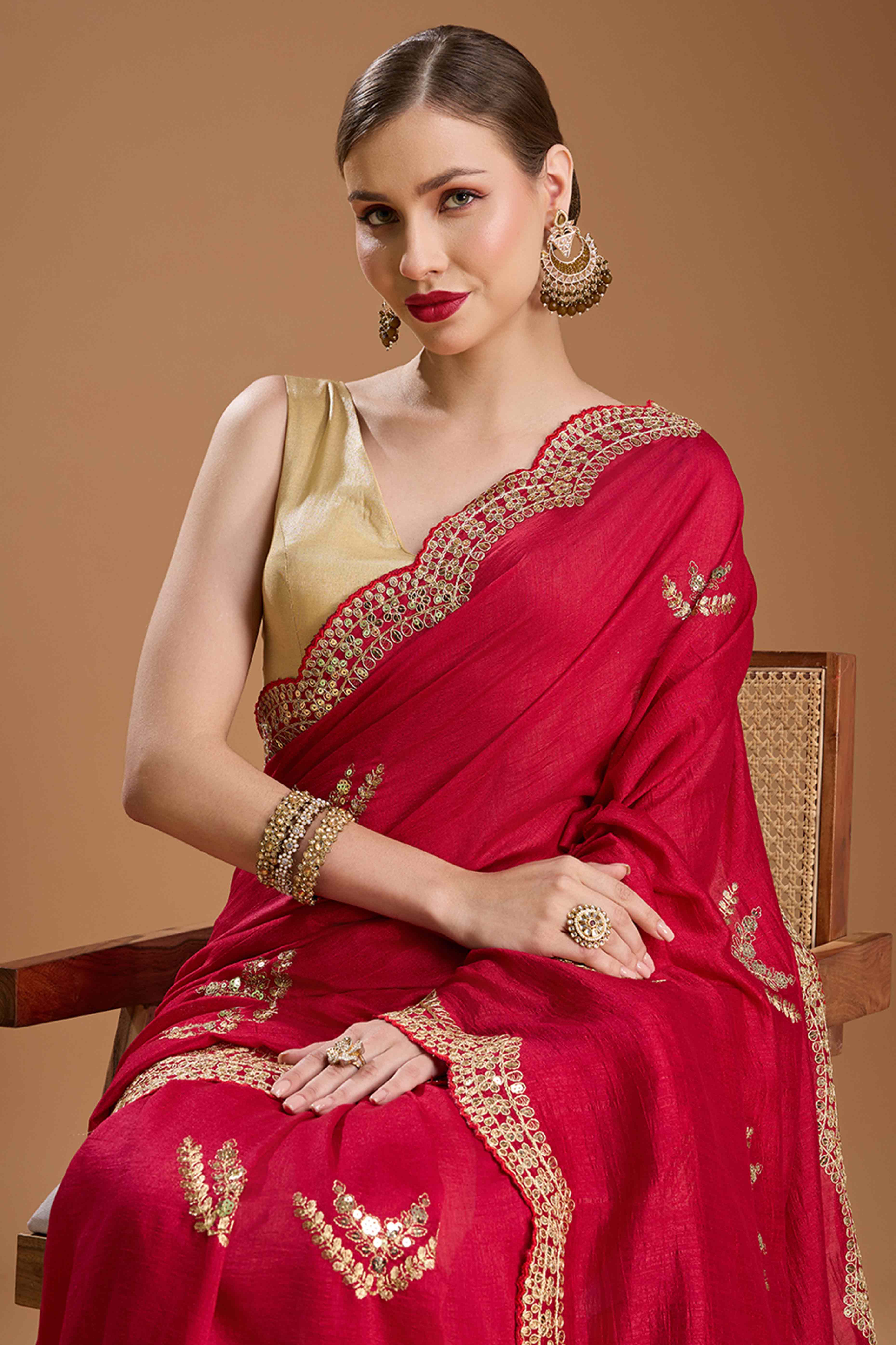 Cherry Red Embroidered Saree in Chiffon with Sequins Accents