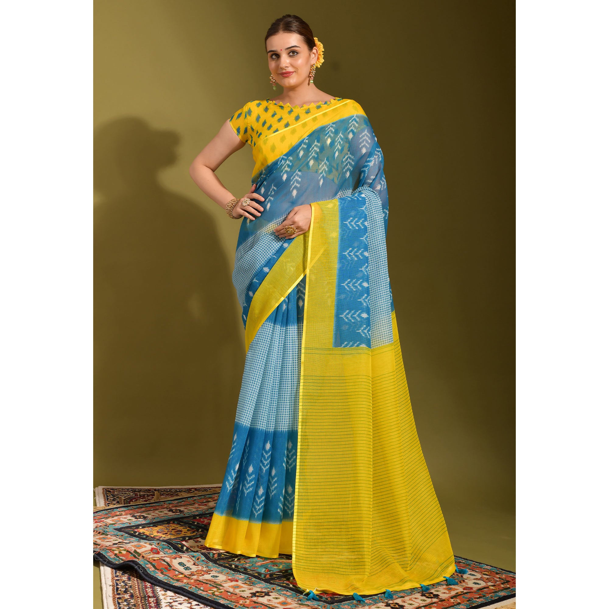 Blue & Yellow Digital Printed Linen Saree With Tassels