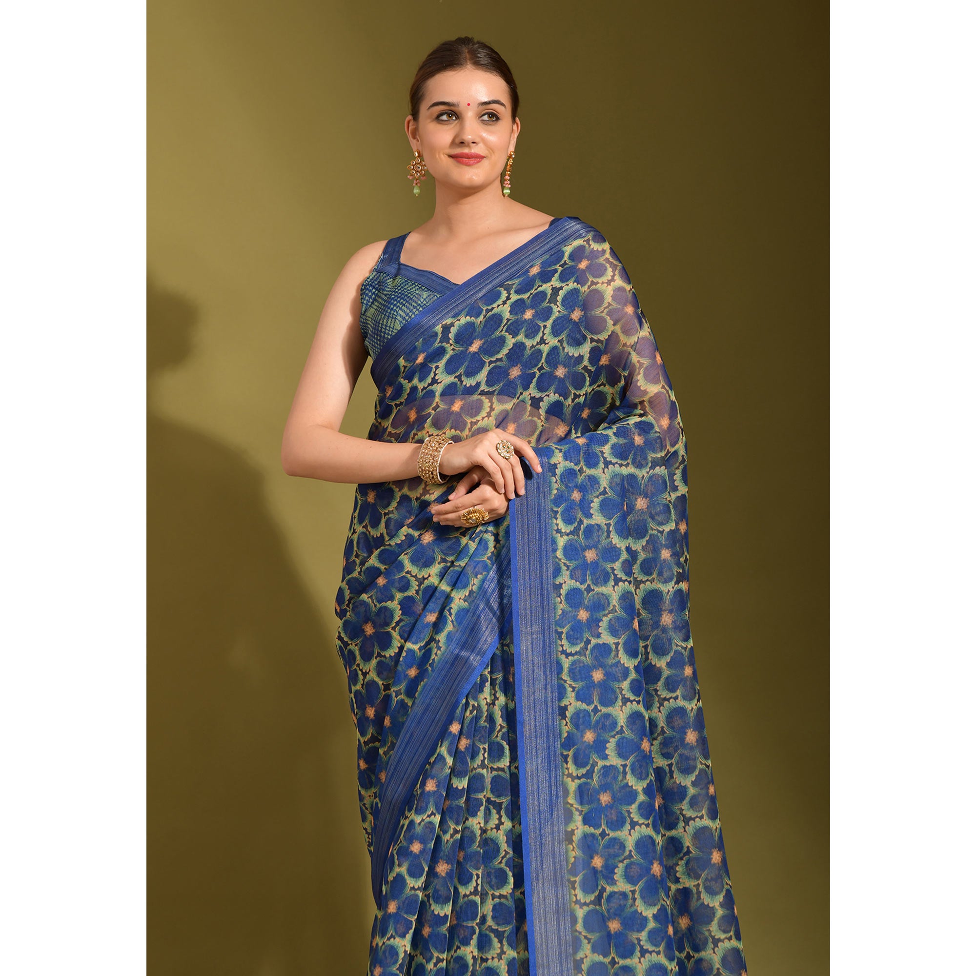 Blue Floral Digital Printed Linen Saree With Tassels