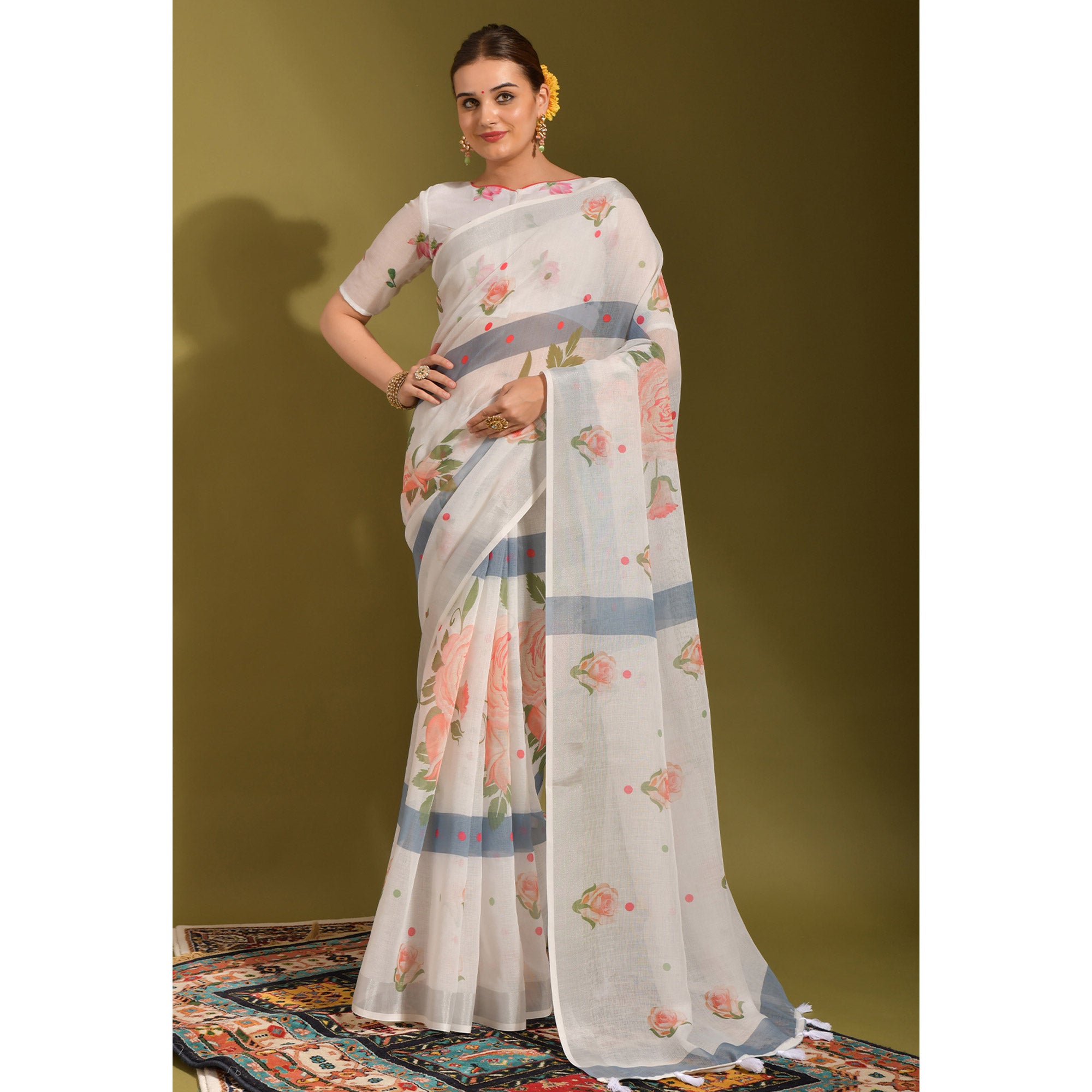 White Floral Digital Printed Linen Saree With Tassels