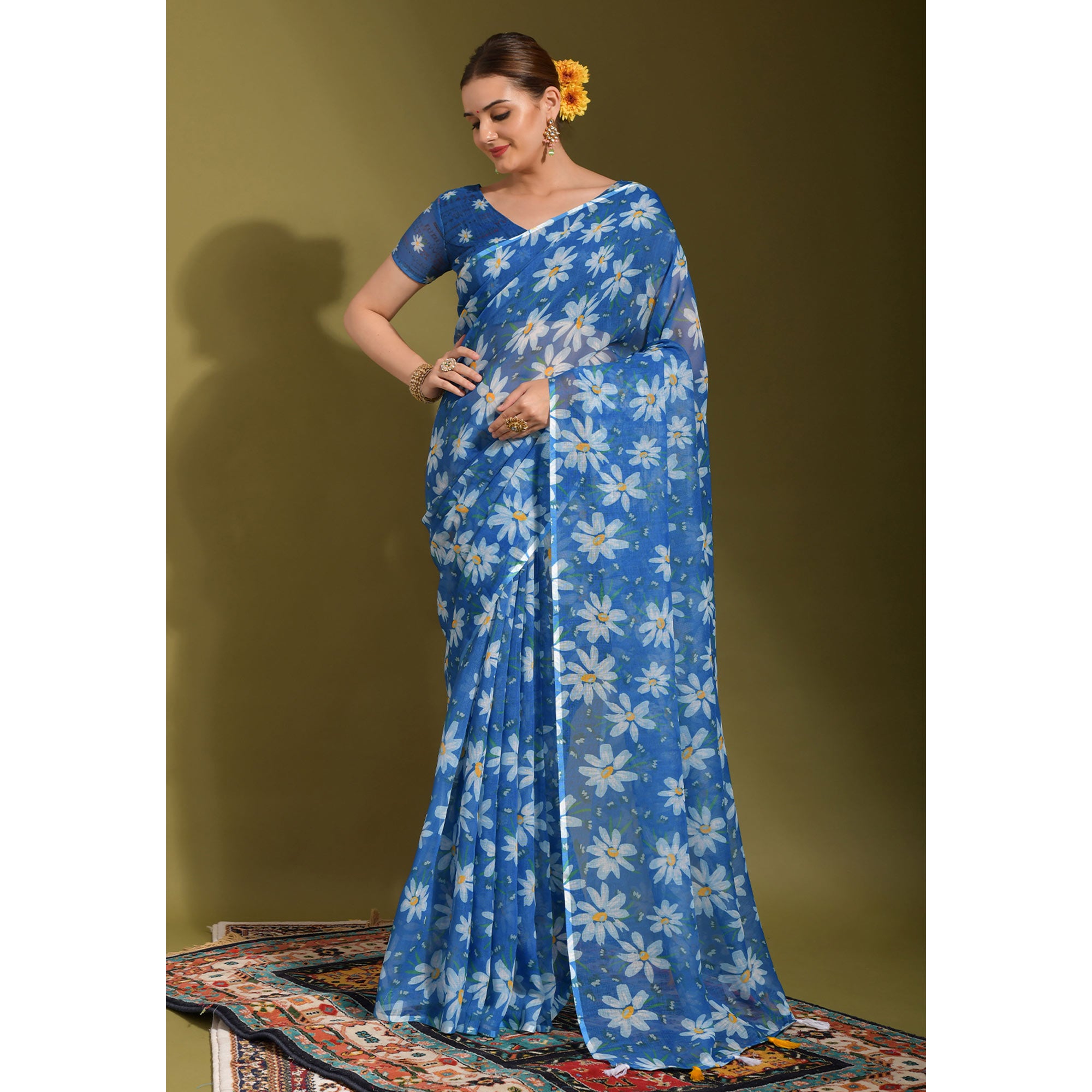 Blue Floral Digital Printed Linen Saree With Tassels