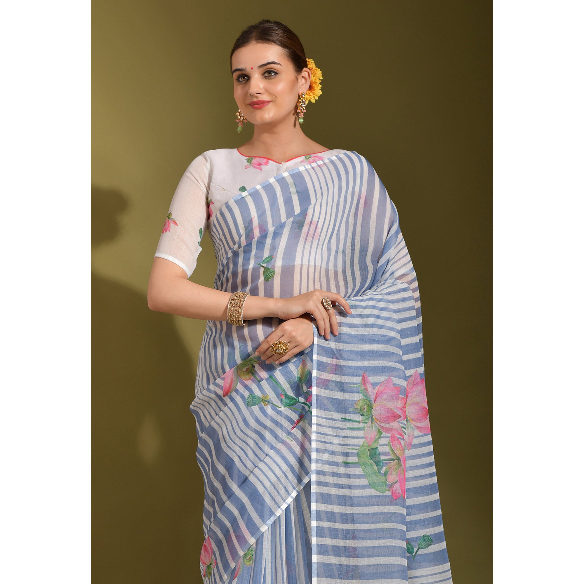 Sky Blue Floral Digital Printed Linen Saree With Tassels