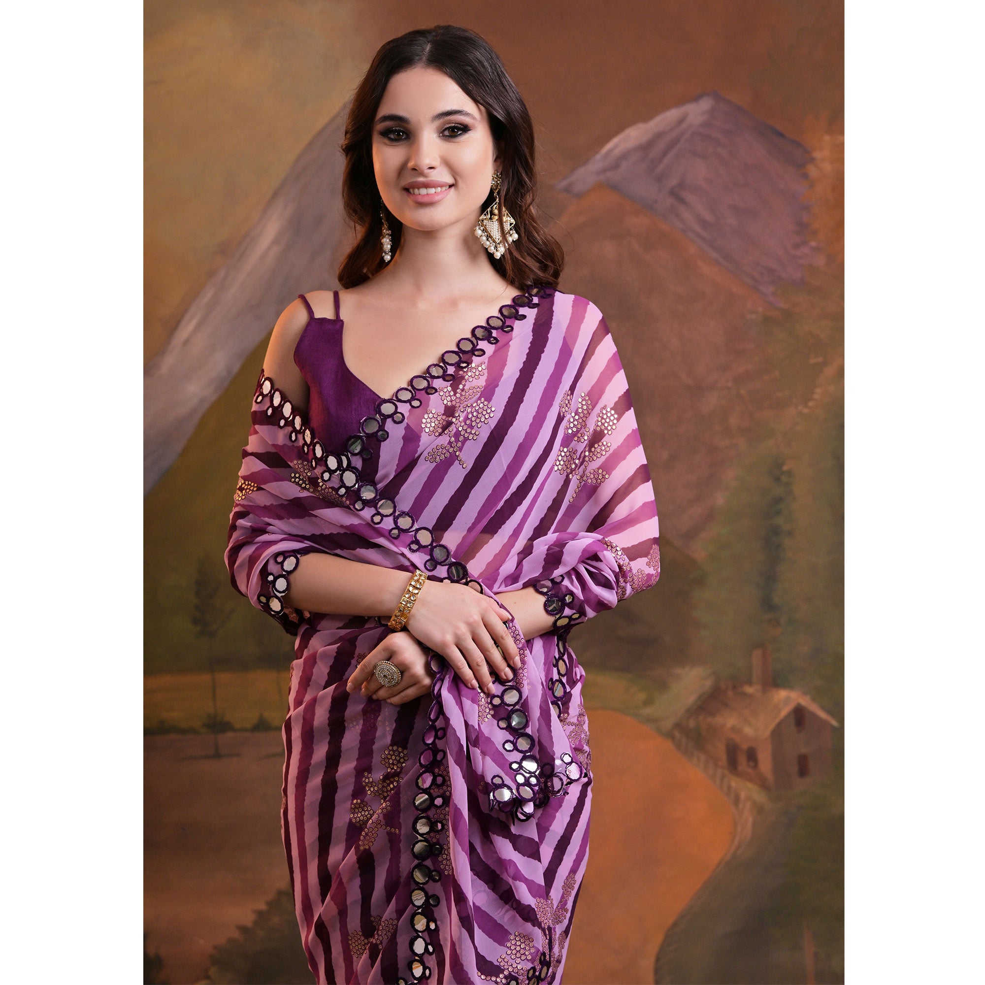 Purple Leheriya With Floral Foil Printed Georgette Saree