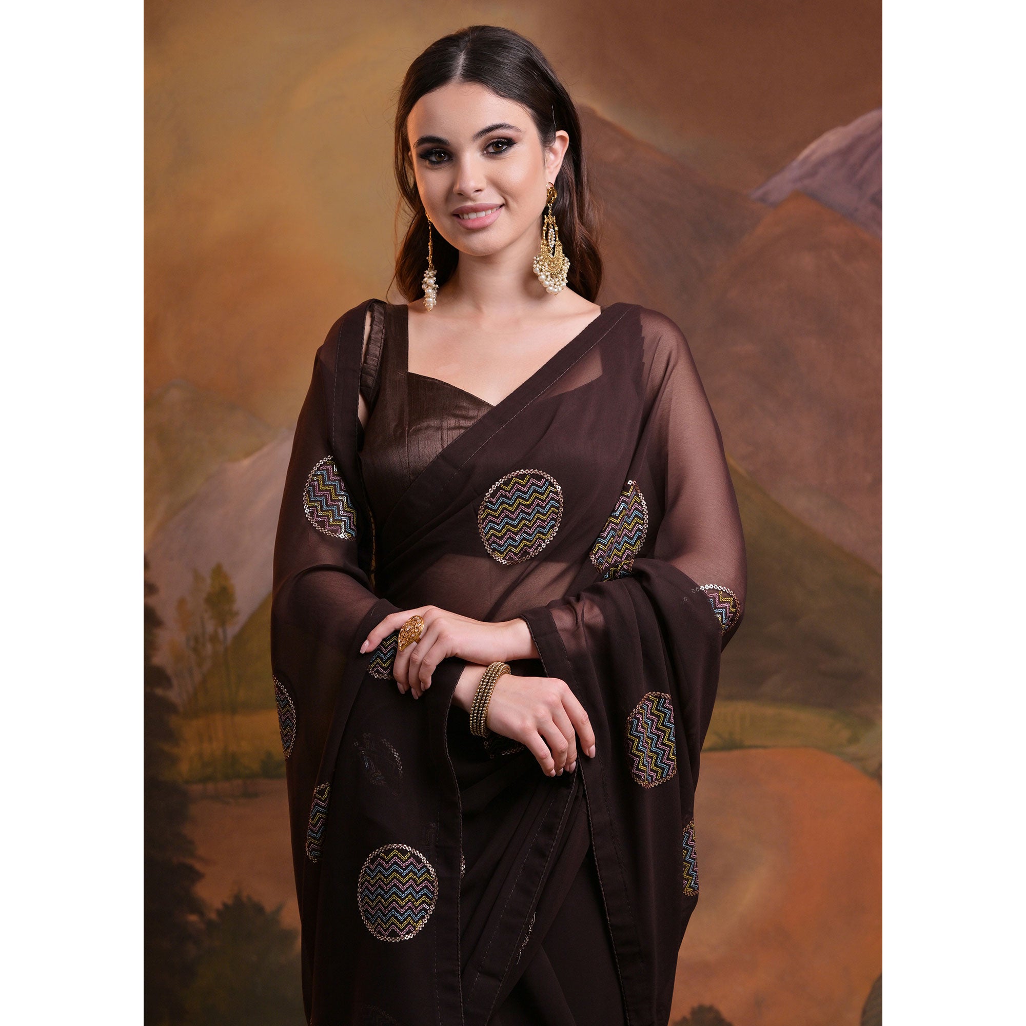Dark Brown Sequins Embroidered Georgette Saree