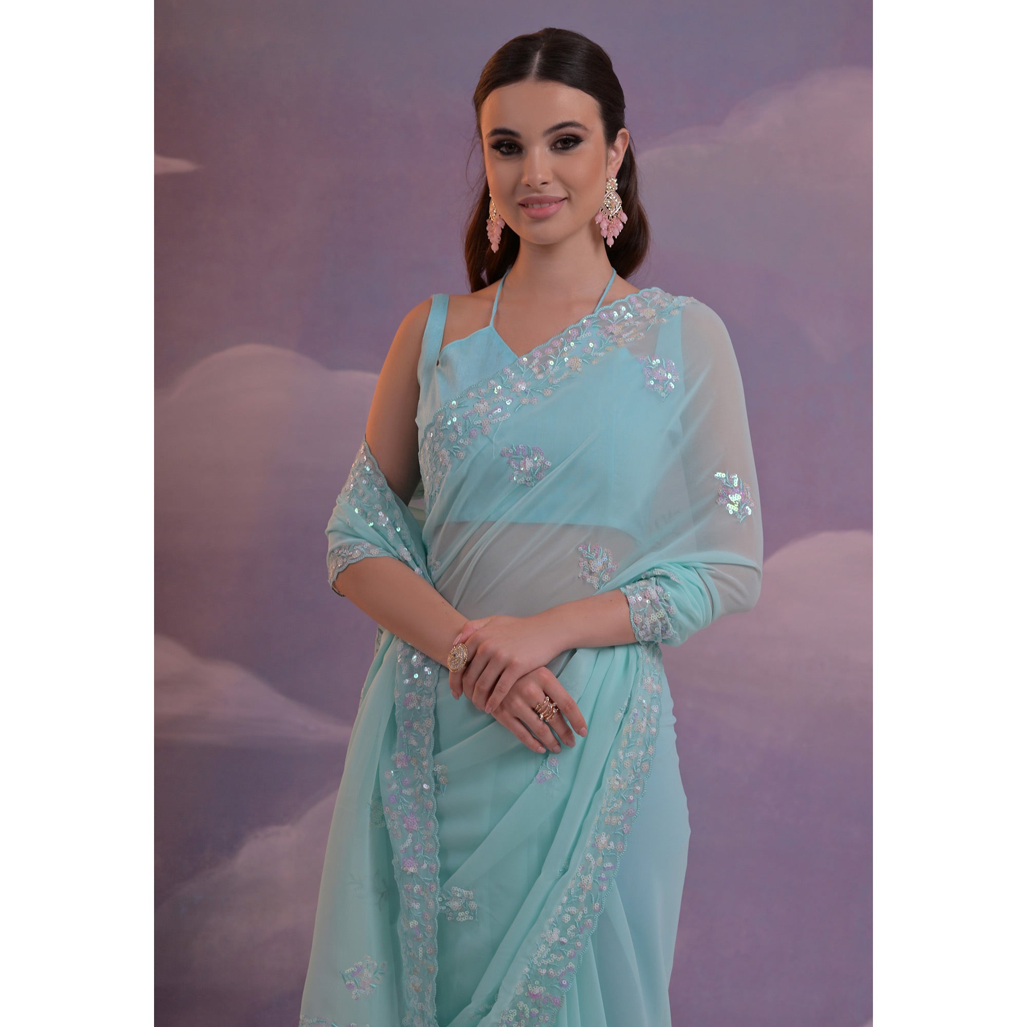 Blue Floral Sequins Embroidered Saree