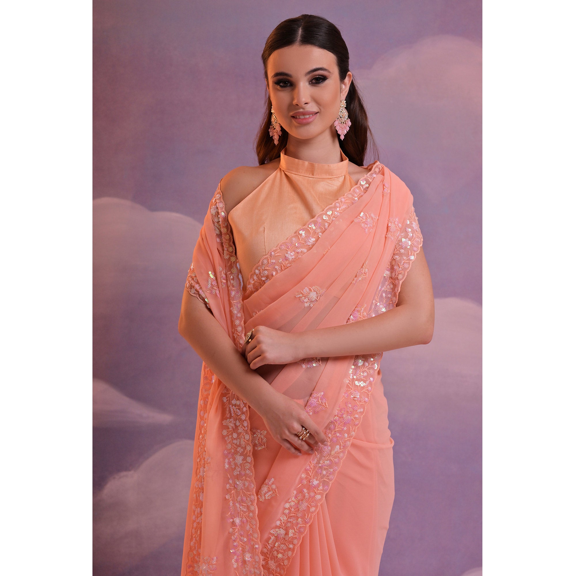 Peach Floral Sequins Embroidered Saree