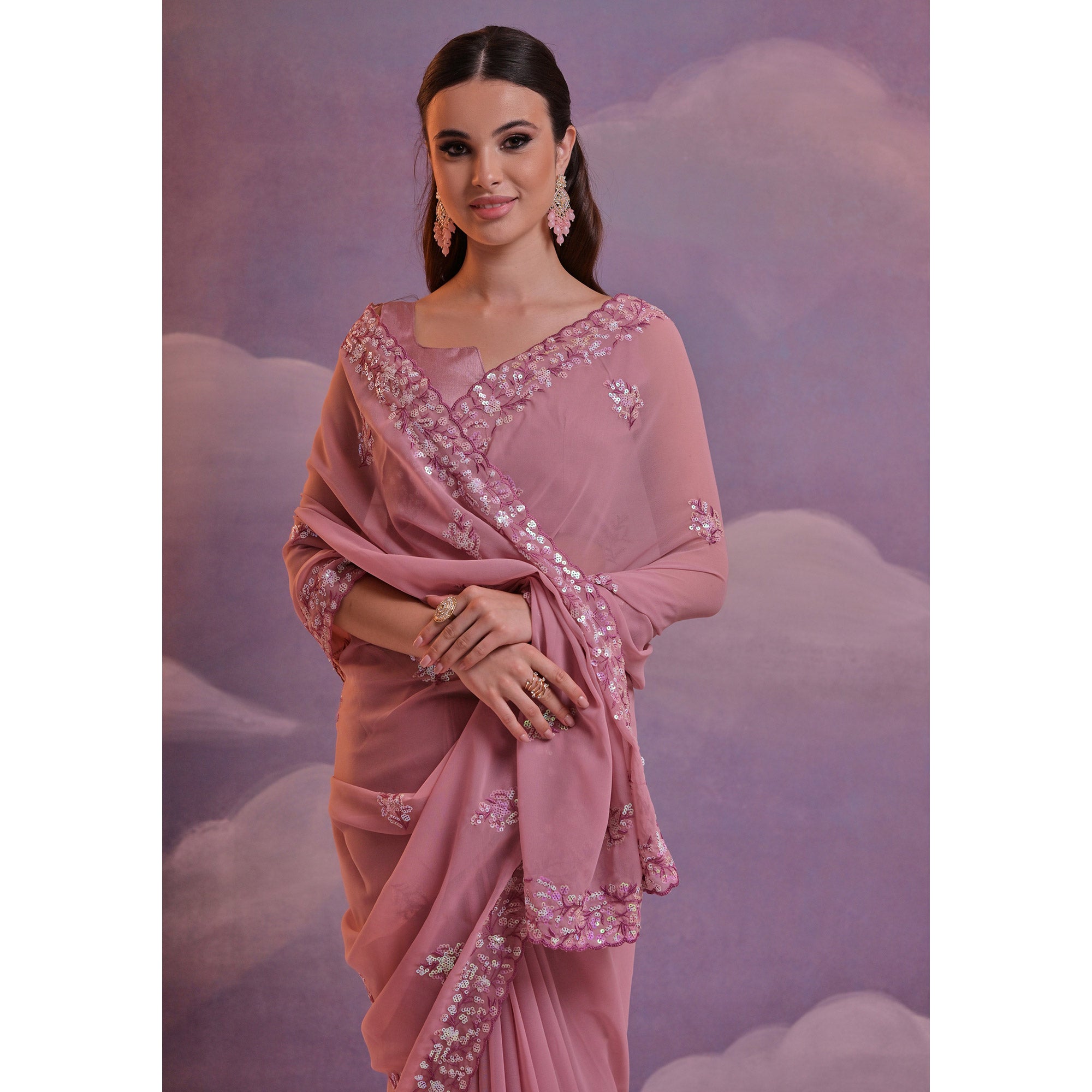 Mauve Floral Sequins Embroidered Saree