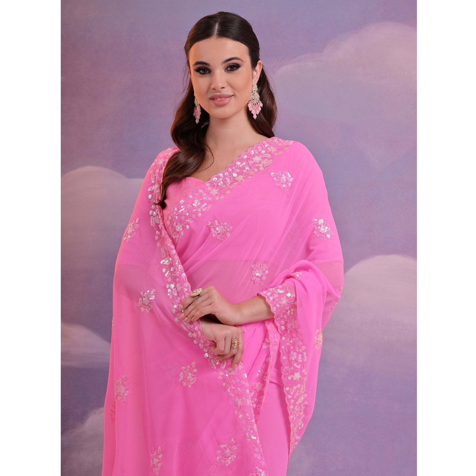 Pink Floral Sequins Embroidered Saree