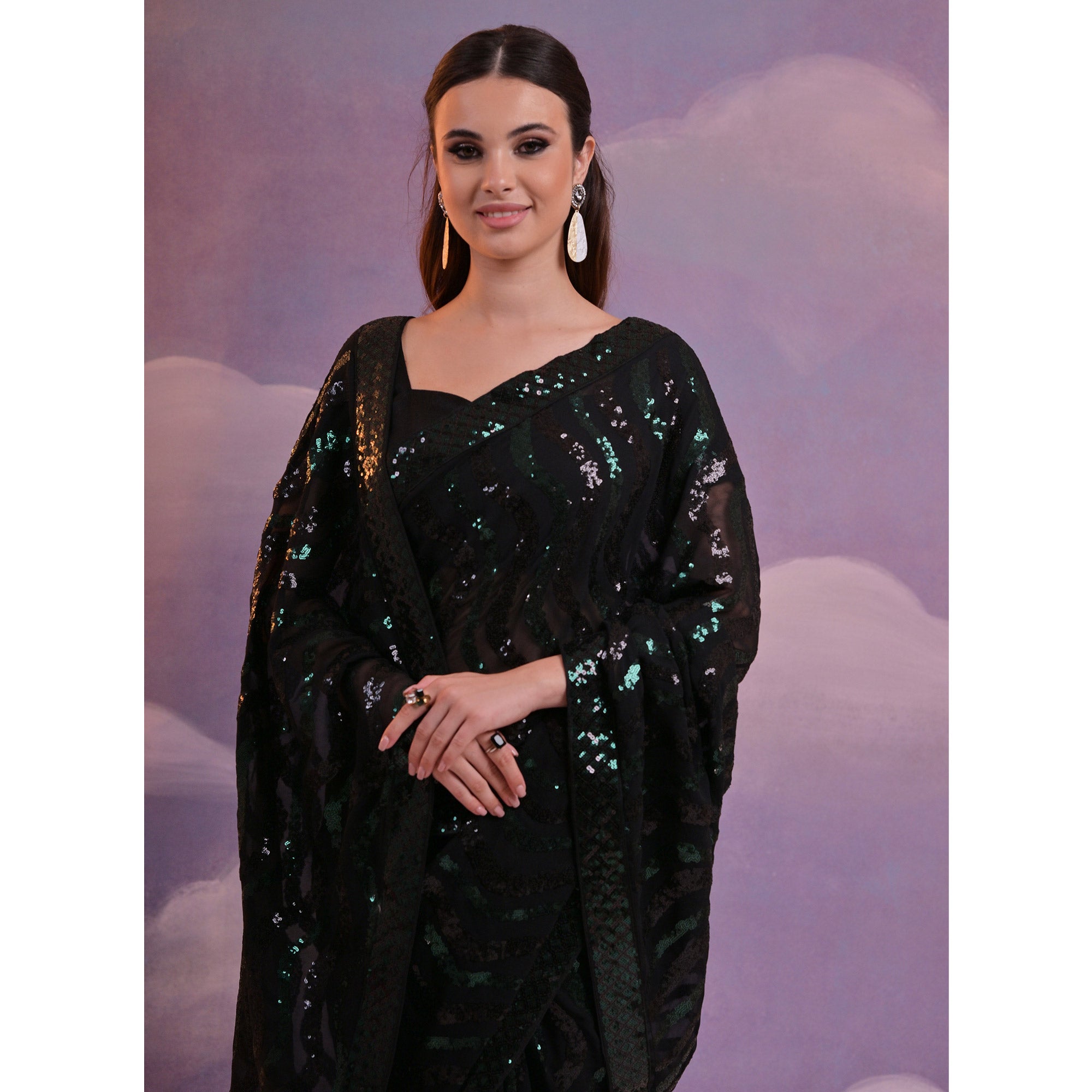 Black Sequins Embroidered Georgette Saree With Lace Border