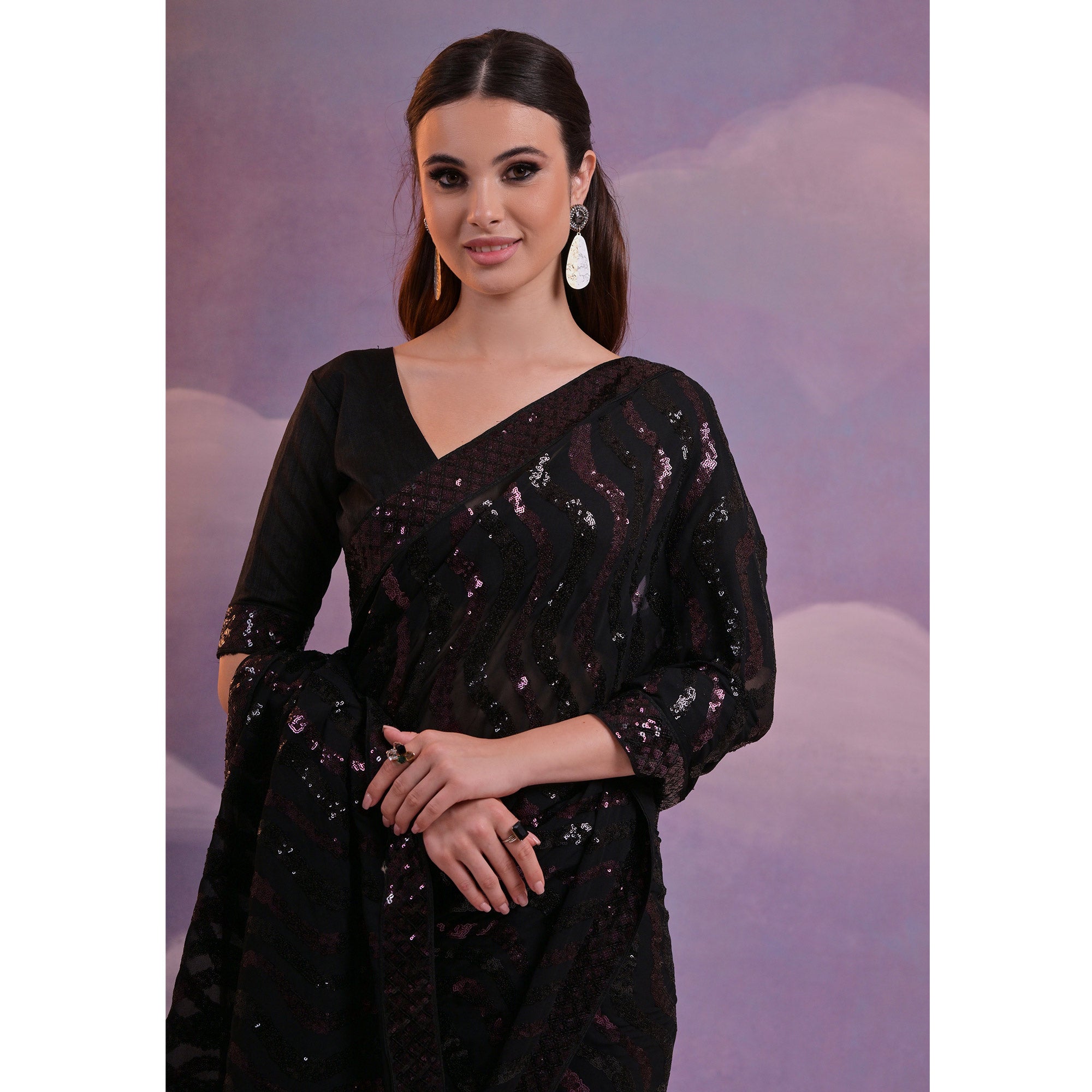 Black Sequins Embroidered Georgette Saree With Lace Border