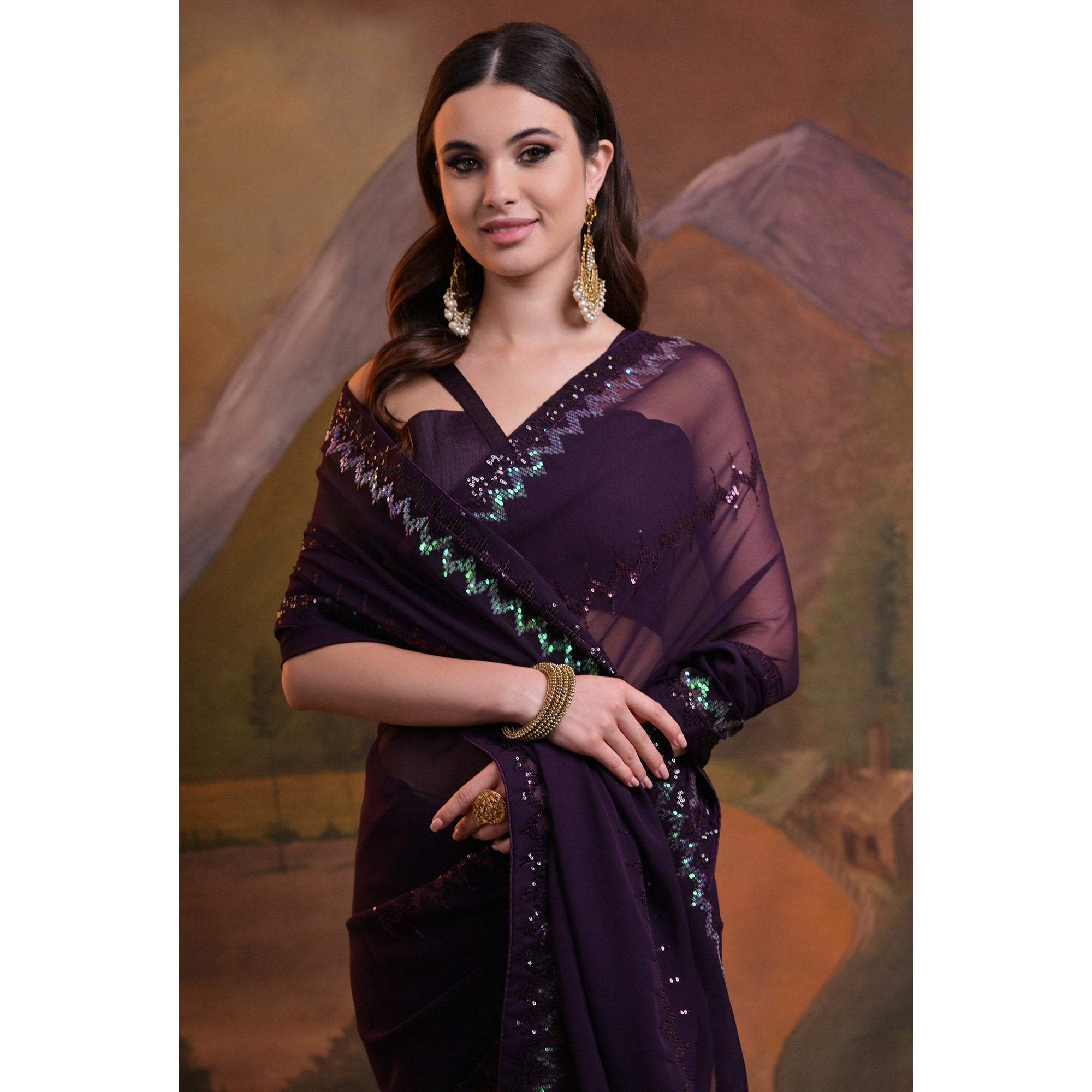 Purple Sequins Embroidered Georgette Saree
