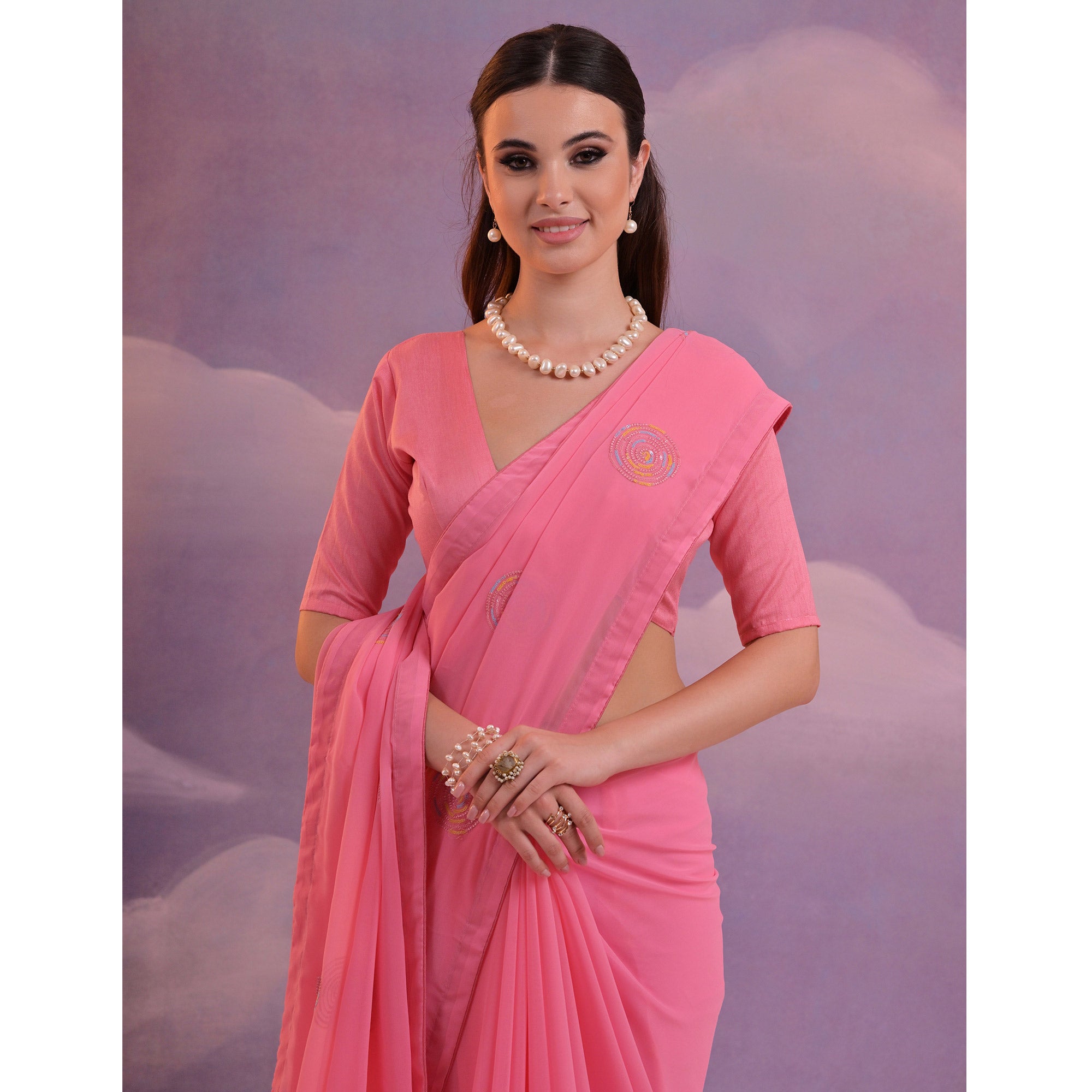 Pink Sequins Embroidered Georgette Saree