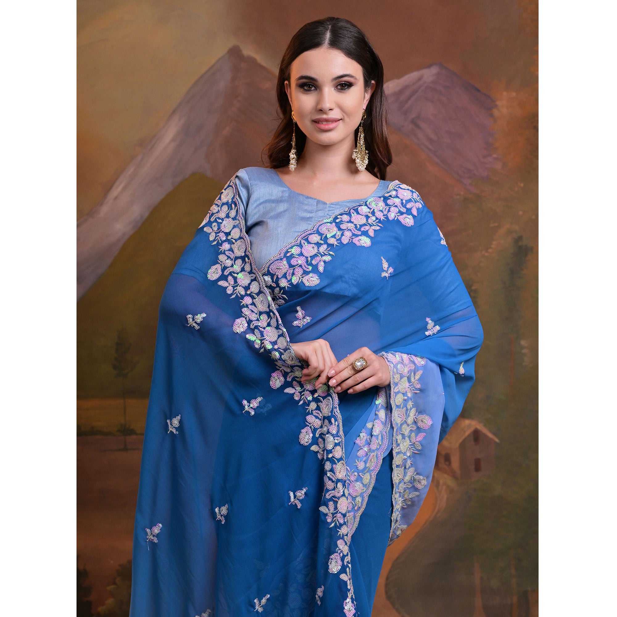 Blue Floral Sequins Embroidered Georgette Saree