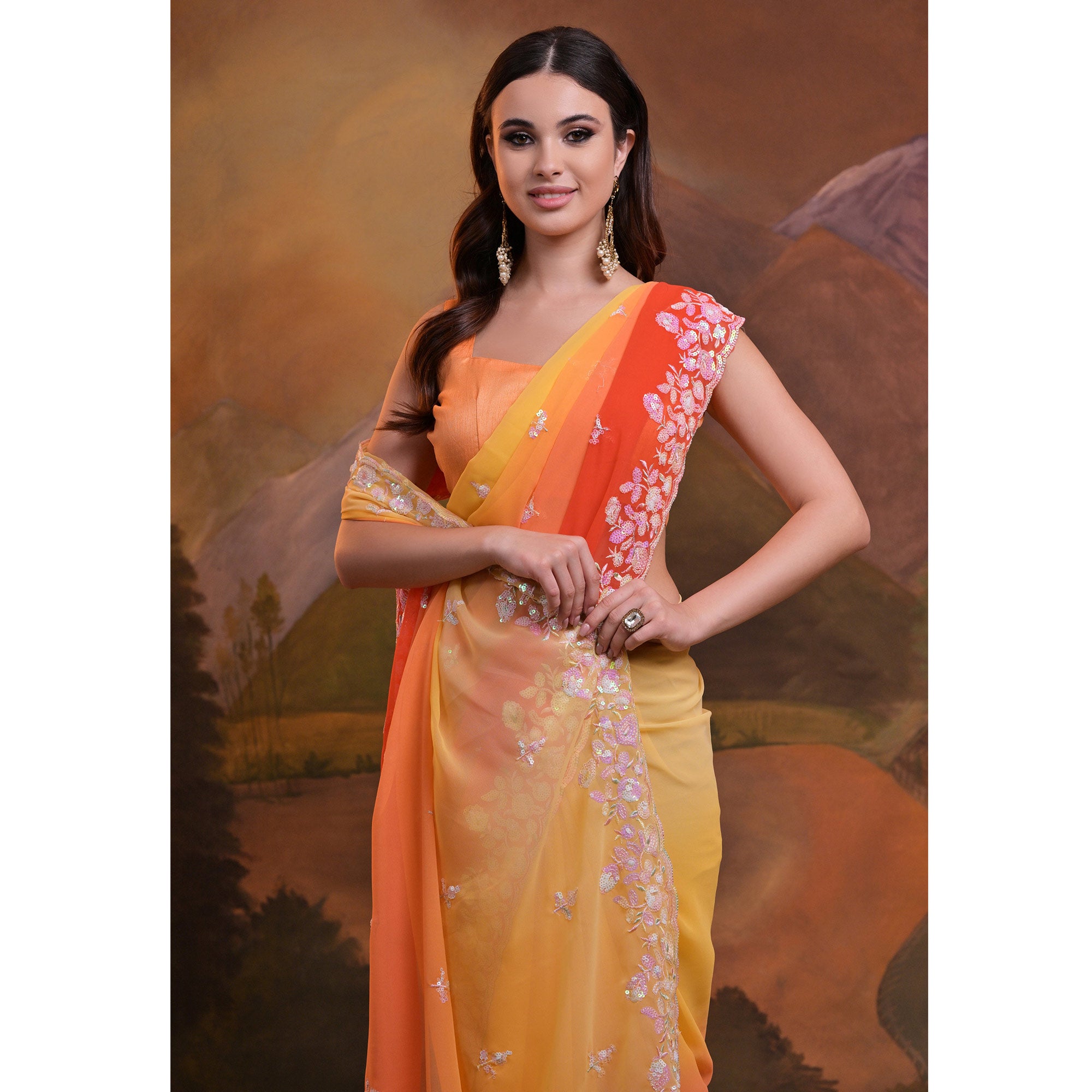 Yellow & Orange Floral Sequins Embroidered Georgette Saree